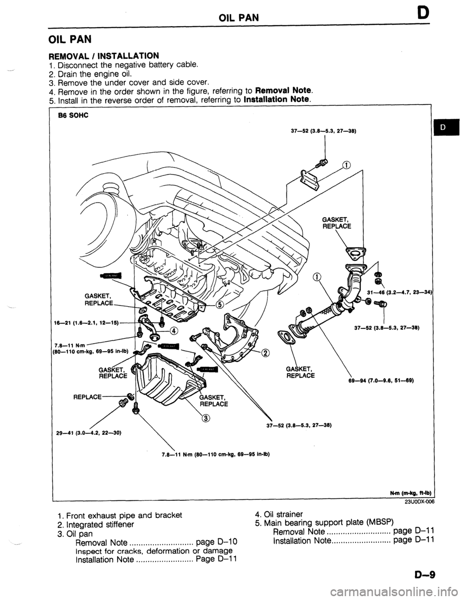 MAZDA 323 1989 Factory Repair Manual OIL PAN
OIL PAN
REMOVAL / INSTALLATION
1. Disconnect the negative battery cable.
2. Drain the engine oil.
3. Remove the under cover and side cover.
4. Remove in the order shown in the figure, re MAZDA 323 1989 Factory Repair Manual OIL PAN
OIL PAN
REMOVAL / INSTALLATION
1. Disconnect the negative battery cable.
2. Drain the engine oil.
3. Remove the under cover and side cover.
4. Remove in the order shown in the figure, re