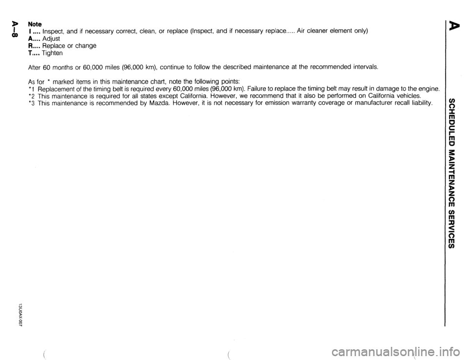 MAZDA 323 1989 Factory Owners Manual Note
I .*.. inspect, and if necessary correct, clean, or replace (Inspect, and if necessary replace..... Air cleaner element only)
A.... Adjust
FL.. Replace or change
T.... Tighten
After 60 month MAZDA 323 1989 Factory Owners Manual Note
I .*.. inspect, and if necessary correct, clean, or replace (Inspect, and if necessary replace..... Air cleaner element only)
A.... Adjust
FL.. Replace or change
T.... Tighten
After 60 month