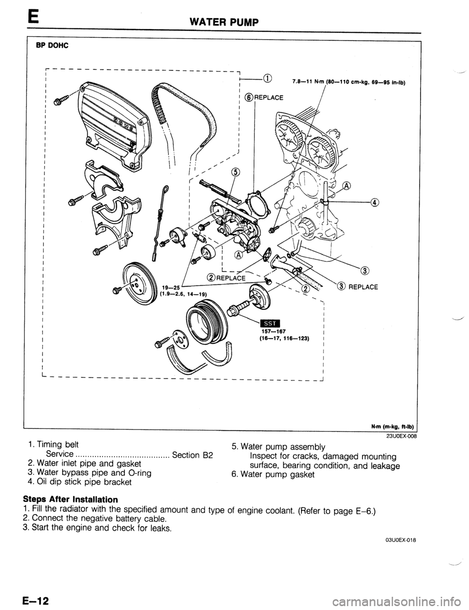 MAZDA 323 1989 Factory Repair Manual BP DOHC
L 7.8-11 N-m (60-110 cm-kg, 69-95 in-lb)
E WATER PUMP
157-167
I
(W-17, 116-123) I
I
/
I
I
I
---N-w------
---------------
----_---_
-I
N.m (m-kg, ft-lb) 1
^^, *--., ^^^
1. Timi MAZDA 323 1989 Factory Repair Manual BP DOHC
L 7.8-11 N-m (60-110 cm-kg, 69-95 in-lb)
E WATER PUMP
157-167
I
(W-17, 116-123) I
I
/
I
I
I
---N-w------
---------------
----_---_
-I
N.m (m-kg, ft-lb) 1
^^, *--., ^^^
1. Timi