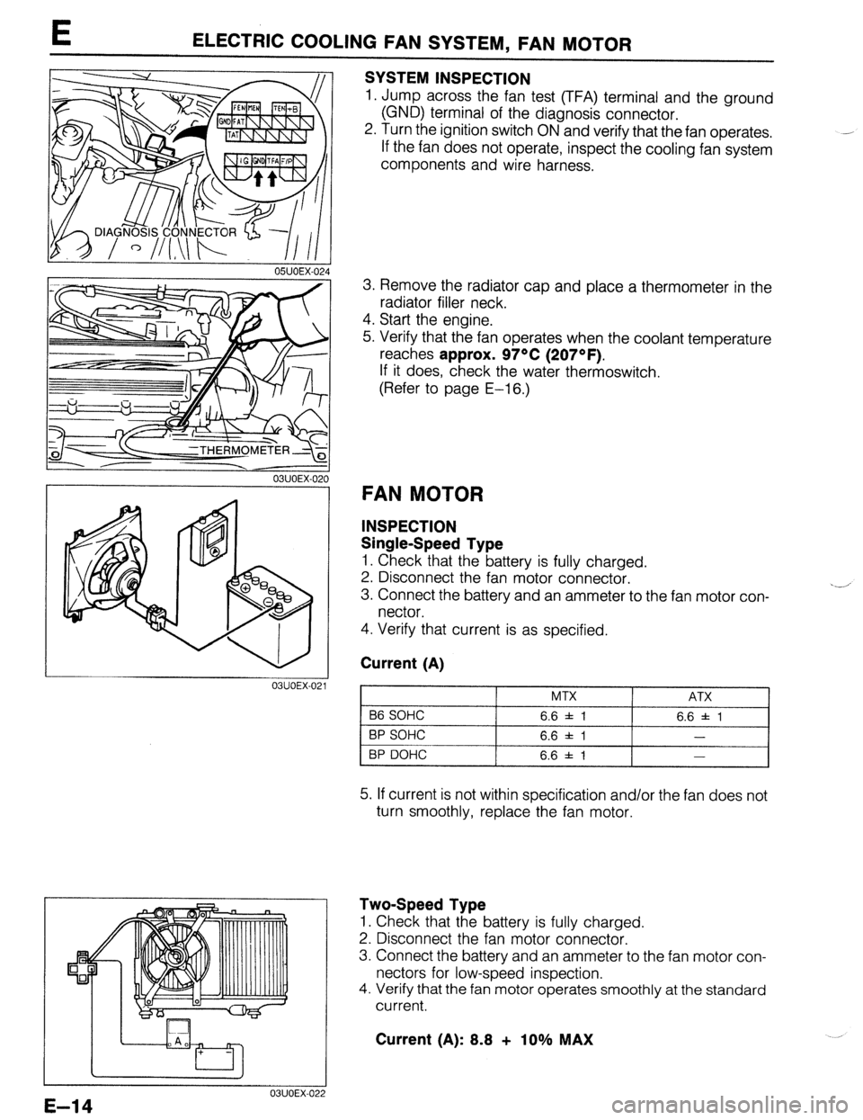 MAZDA 323 1989 Factory Repair Manual E ELECTRIC COOLING FAN SYSTEM, FAN MOTOR
03UOEX-02
I
1
I
‘4
.
2
.:
)
SYSTEM INSPECTION
1. Jump across the fan test (TFA) terminal and the ground
(GND) terminal of the diagnosis connect MAZDA 323 1989 Factory Repair Manual E ELECTRIC COOLING FAN SYSTEM, FAN MOTOR
03UOEX-02
I
1
I
‘4
.
2
.:
)
SYSTEM INSPECTION
1. Jump across the fan test (TFA) terminal and the ground
(GND) terminal of the diagnosis connect