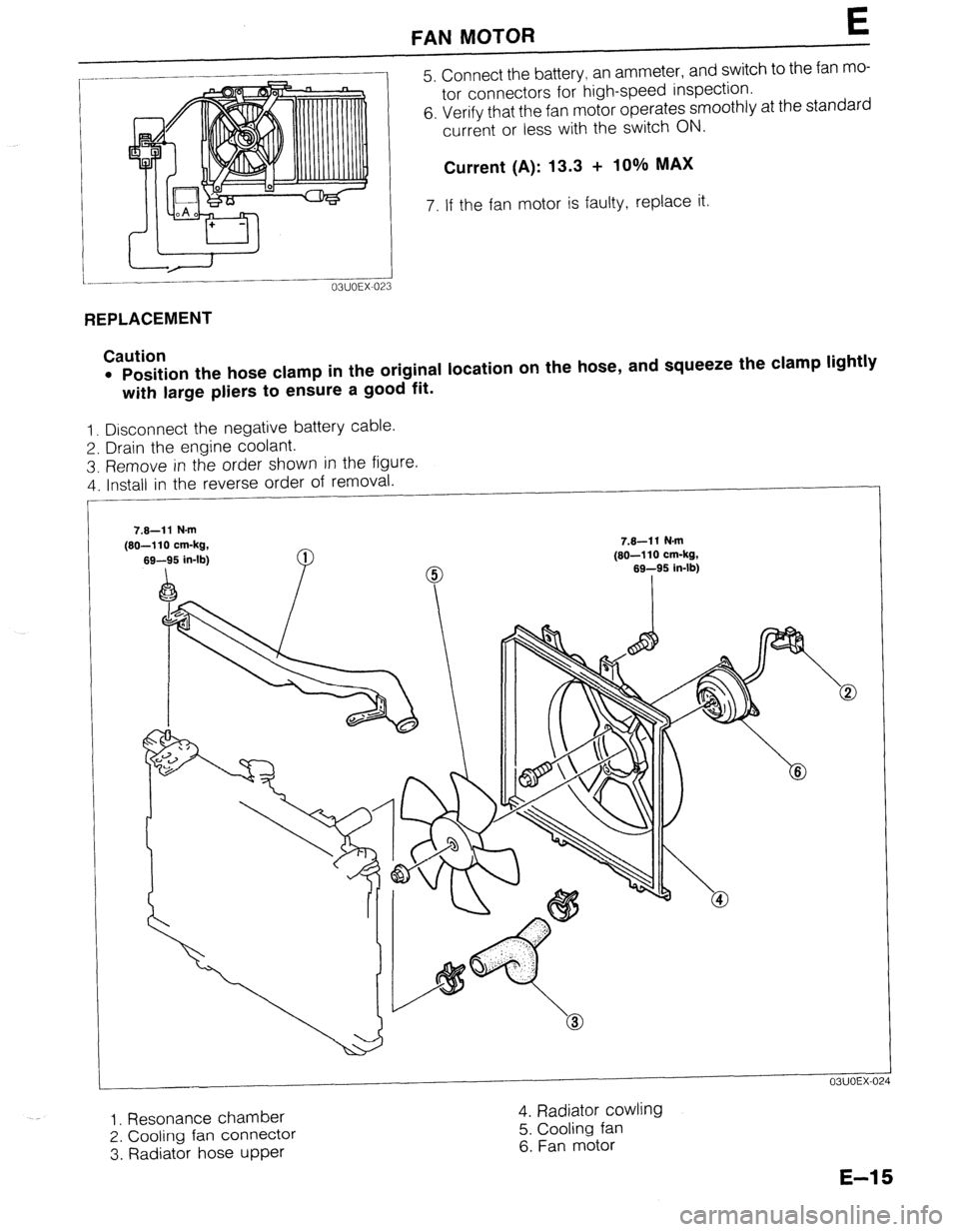 MAZDA 323 1989 Factory Repair Manual FAN MOTOR E
I-
i.- 5. Connect the battery, an ammeter, and switch to the fan mo-
tor connectors for high-speed inspection.
6. Verify that the fan motor operates smoothly at the standard
current o MAZDA 323 1989 Factory Repair Manual FAN MOTOR E
I-
i.- 5. Connect the battery, an ammeter, and switch to the fan mo-
tor connectors for high-speed inspection.
6. Verify that the fan motor operates smoothly at the standard
current o