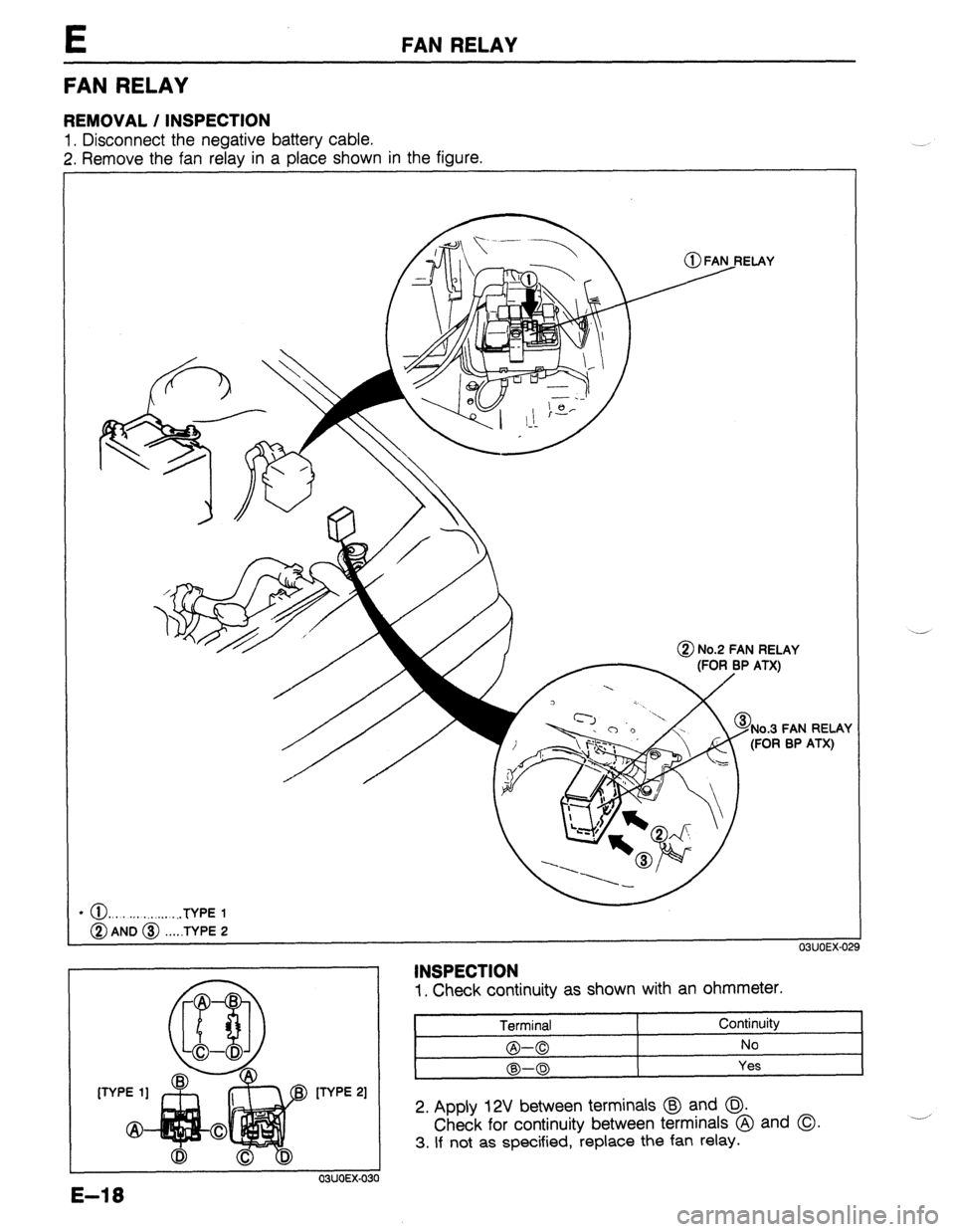 MAZDA 323 1989 Factory Repair Manual t FAN RELAY
FAN RELAY
REMOVAL / INSPECTION
1. Disconnect the negative battery cable.
2. Remove the fan relay in a place shown in the figure.
FAN RELAY
BP ATX)
l o... . ,. . . . . . . . . . TYPE MAZDA 323 1989 Factory Repair Manual t FAN RELAY
FAN RELAY
REMOVAL / INSPECTION
1. Disconnect the negative battery cable.
2. Remove the fan relay in a place shown in the figure.
FAN RELAY
BP ATX)
l o... . ,. . . . . . . . . . TYPE