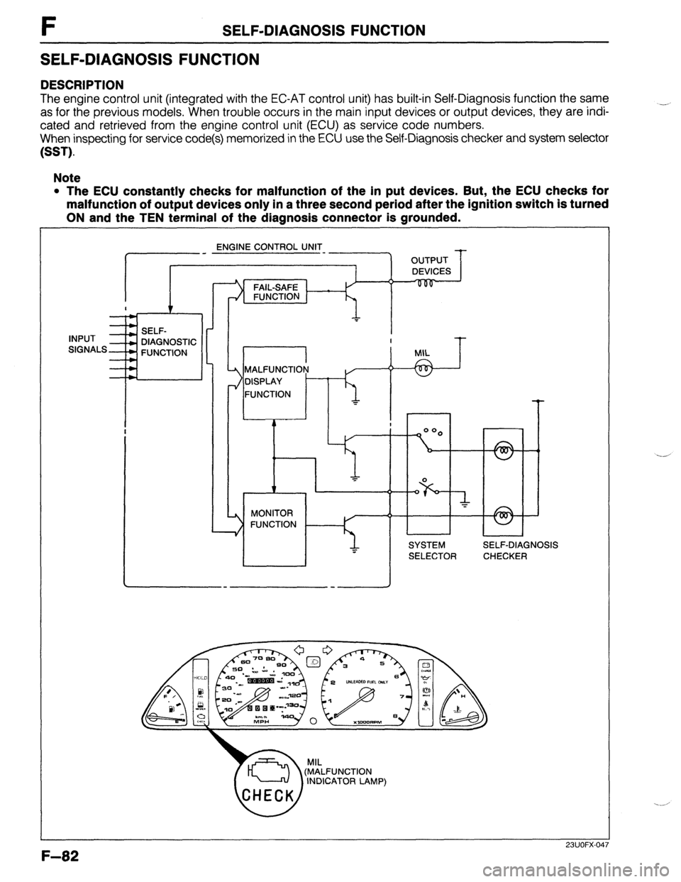 MAZDA 323 1989 Factory Repair Manual F SELF-DIAGNOSIS FUNCTION
SELF-DIAGNOSIS FUNCTION
DESCRIPTION
The engine control unit (integrated with the EC-AT control unit) has built-in Self-Diagnosis function the same
as for the previous mod MAZDA 323 1989 Factory Repair Manual F SELF-DIAGNOSIS FUNCTION
SELF-DIAGNOSIS FUNCTION
DESCRIPTION
The engine control unit (integrated with the EC-AT control unit) has built-in Self-Diagnosis function the same
as for the previous mod