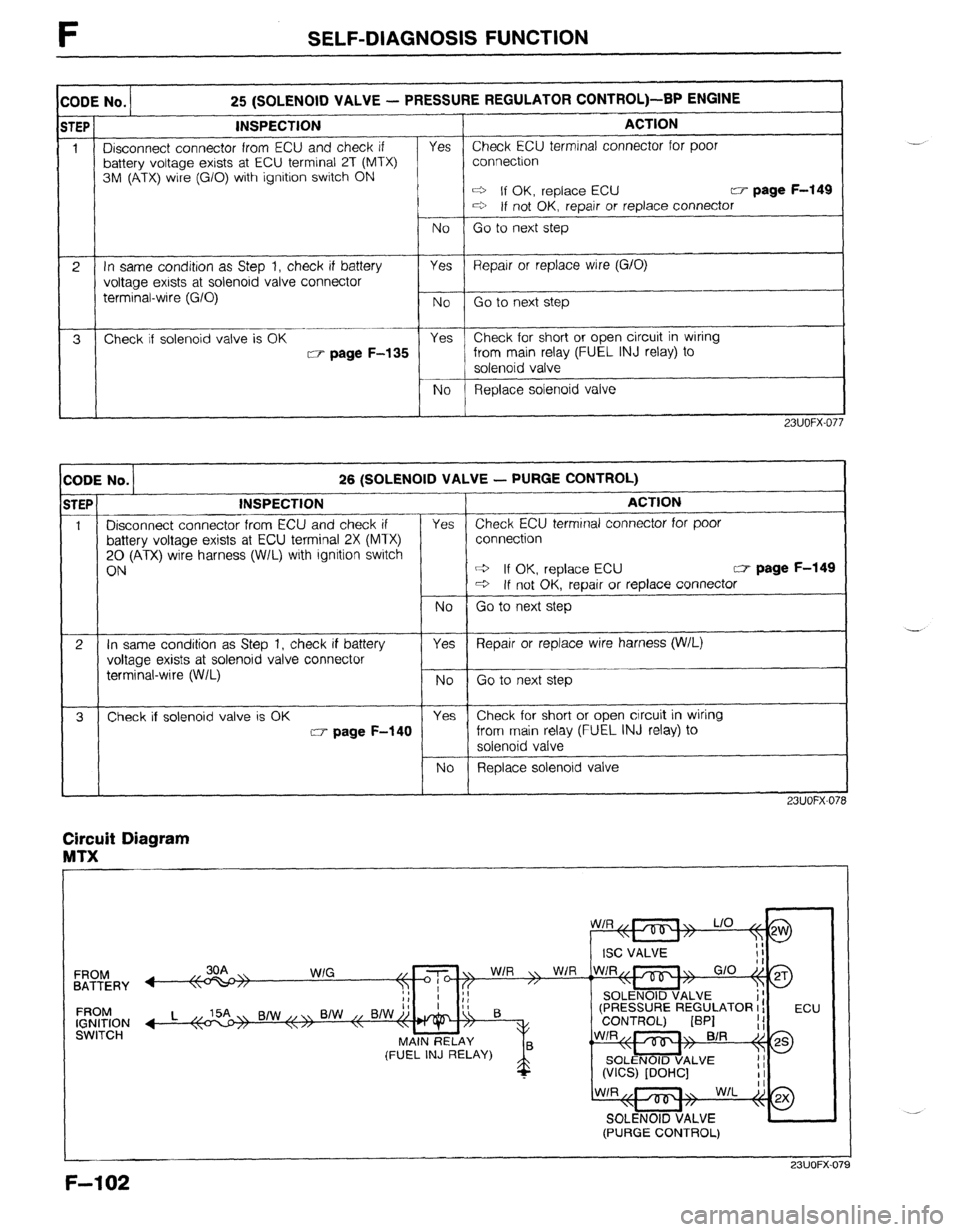 MAZDA 323 1989 Factory Repair Manual SELF-DIAGNOSIS FUNCTION
:ODE No. 1 25 (SOLENOID VALVE - PRESSUREREGULATORCONTROL)-BPENGINE
r (
TEP
1
-
2
-
3 I
INSPECTION
Disconnect connector from ECU and check if
battery voltage exists a MAZDA 323 1989 Factory Repair Manual SELF-DIAGNOSIS FUNCTION
:ODE No. 1 25 (SOLENOID VALVE - PRESSUREREGULATORCONTROL)-BPENGINE
r (
TEP
1
-
2
-
3 I
INSPECTION
Disconnect connector from ECU and check if
battery voltage exists a