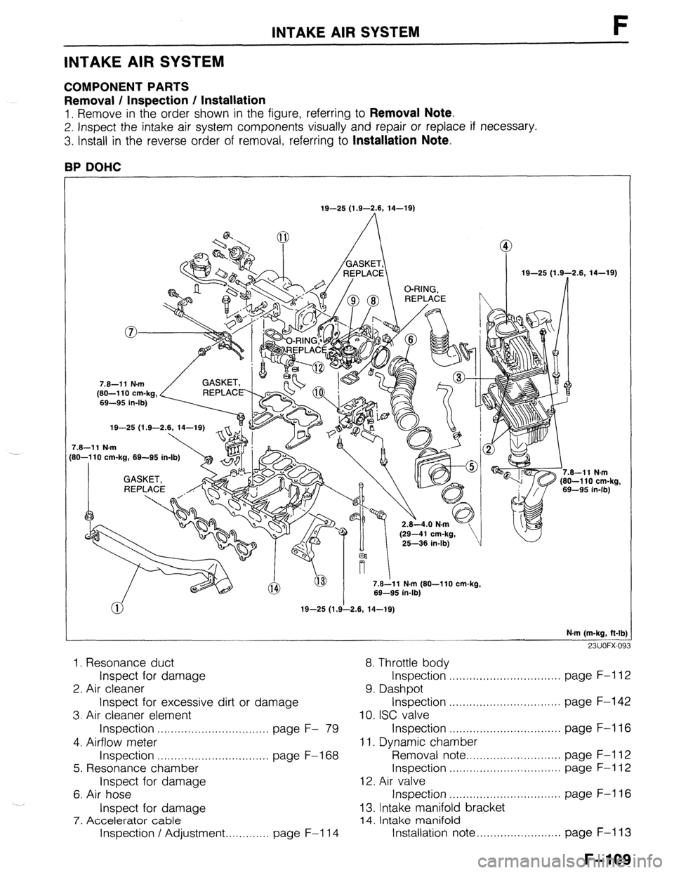 MAZDA 323 1989 Factory Repair Manual INTAKE AIR SYSTEM F
INTAKE AIR SYSTEM
COMPONENT PARTS
Removal / Inspection / Installation
1, Remove in the order shown in the figure, referring to Removal Note.
2. inspect the intake air system c MAZDA 323 1989 Factory Repair Manual INTAKE AIR SYSTEM F
INTAKE AIR SYSTEM
COMPONENT PARTS
Removal / Inspection / Installation
1, Remove in the order shown in the figure, referring to Removal Note.
2. inspect the intake air system c