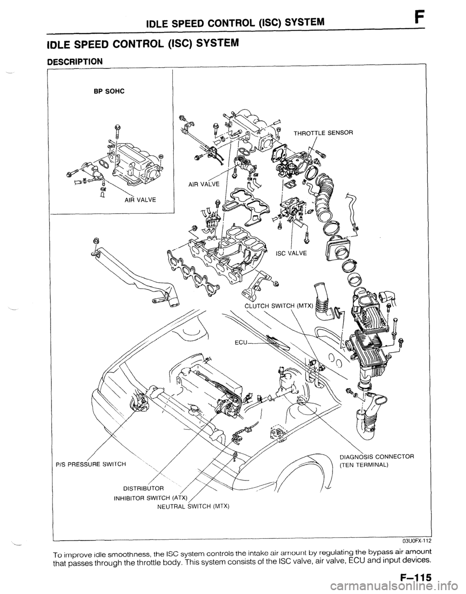 MAZDA 323 1989  Factory Repair Manual .- 
IDLE SPEED CONTROL (ISC) SYSTEM I- 
IDLE SPEED CONTROL (ISC) SYSTEM 
DESCRIPTION 
BP SOHC 
AIR VALVE THROTTLE SENSOR 
CLUTCH SWITCT (MTX) 
  
 
‘IS PRESS/URE SWITCH ‘x. 
 
. , SIS CONNECTt 
(T
