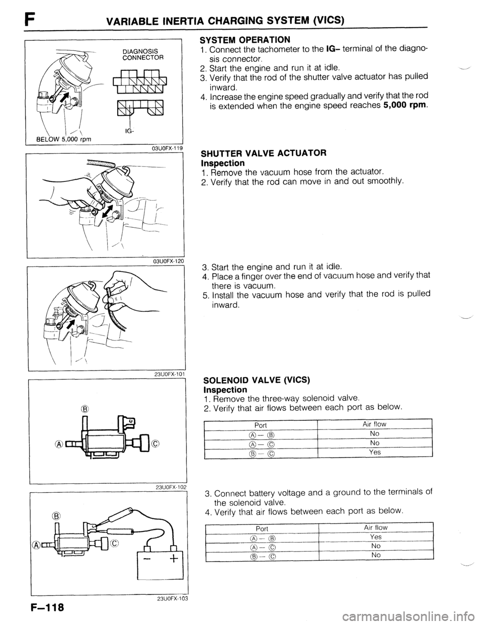 MAZDA 323 1989  Factory Repair Manual VARIABLE INERTIA CHARGING SYSTEM (VICS) 
SYSTEM OPERATION 
DIAGNOSIS 1. Connect the tachometer to the IG- terminal of the diagno- CONNECTOR sis connector. 
2. Start the engine and run it at idle. 
3. 