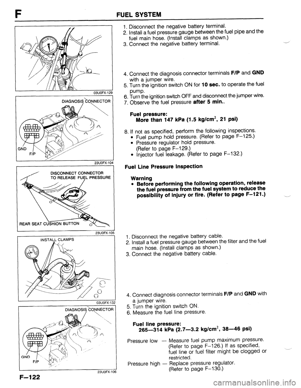 MAZDA 323 1989  Factory Repair Manual F FUEL SYSTEM 
OSUOFX-129 
DIAGNOSIS.\CO.NNECTOR j 
/, I 23UOFX-104 
DISCONNECT CONNECTOR 
TO RELEASE FlJsL PRESSURE 
L 23UOFX-105 
INSTALL CLAMPS 
DIAGNOSI$kO)lNECTOfl 
I 
23UOFX-ll 
F-l 22 
1. Disco