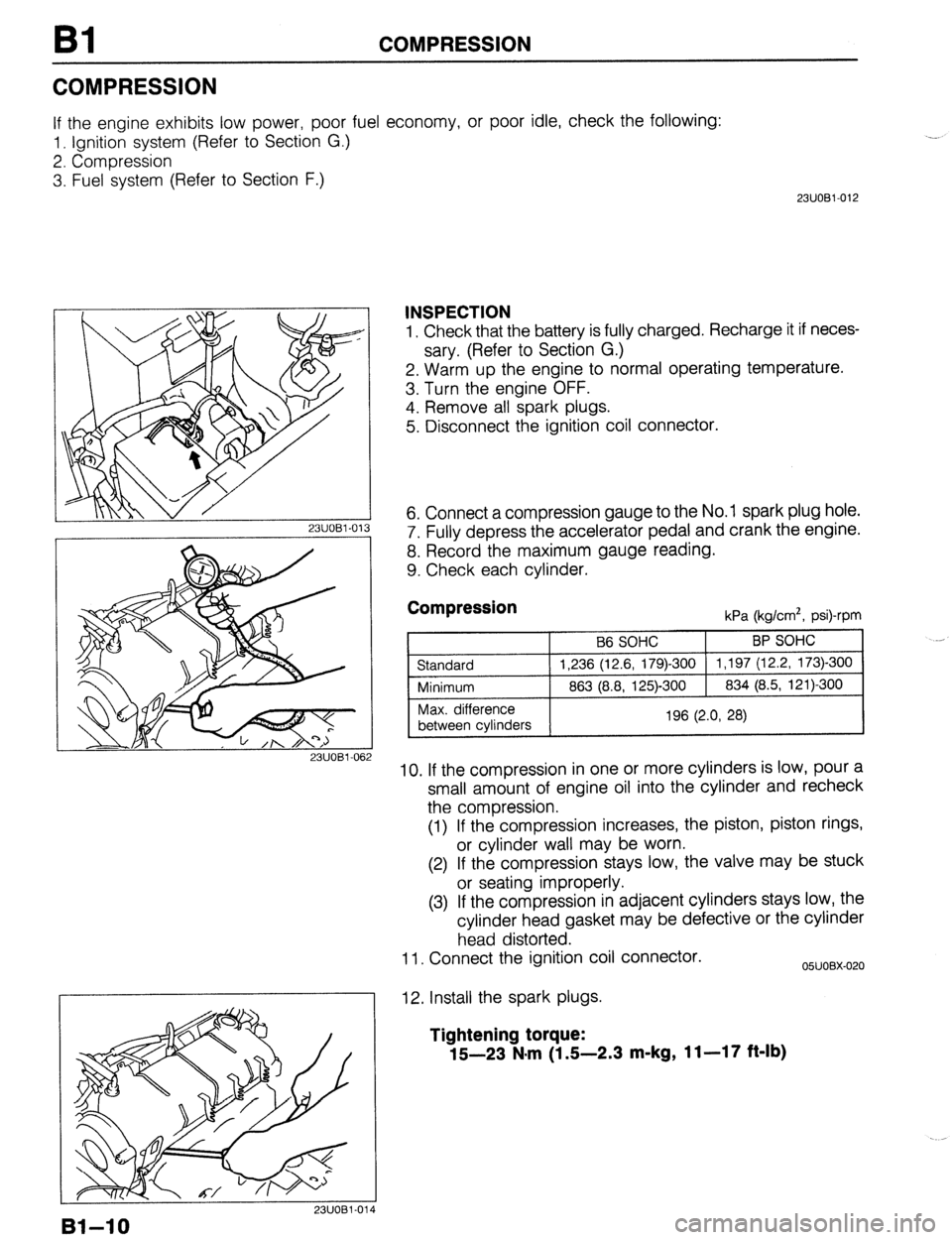 MAZDA 323 1989  Factory Repair Manual Bl COMPRESSION 
COMPRESSION 
If the engine exhibits low power, poor fuel economy, or poor idle, check the following: 
1. Ignition system (Refer to Section G.) 
2. Compression 
3. Fuel system (Refer to