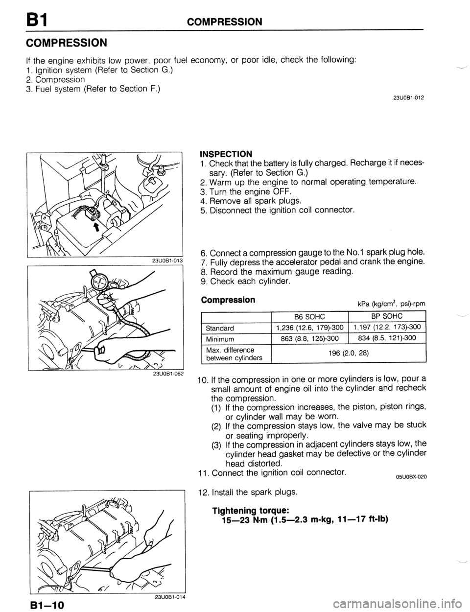 MAZDA 323 1989 Factory Owners Guide Bl COMPRESSION
COMPRESSION
If the engine exhibits low power, poor fuel economy, or poor idle, check the following:
1. Ignition system (Refer to Section G.)
2. Compression
3. Fuel system (Refer to MAZDA 323 1989 Factory Owners Guide Bl COMPRESSION
COMPRESSION
If the engine exhibits low power, poor fuel economy, or poor idle, check the following:
1. Ignition system (Refer to Section G.)
2. Compression
3. Fuel system (Refer to