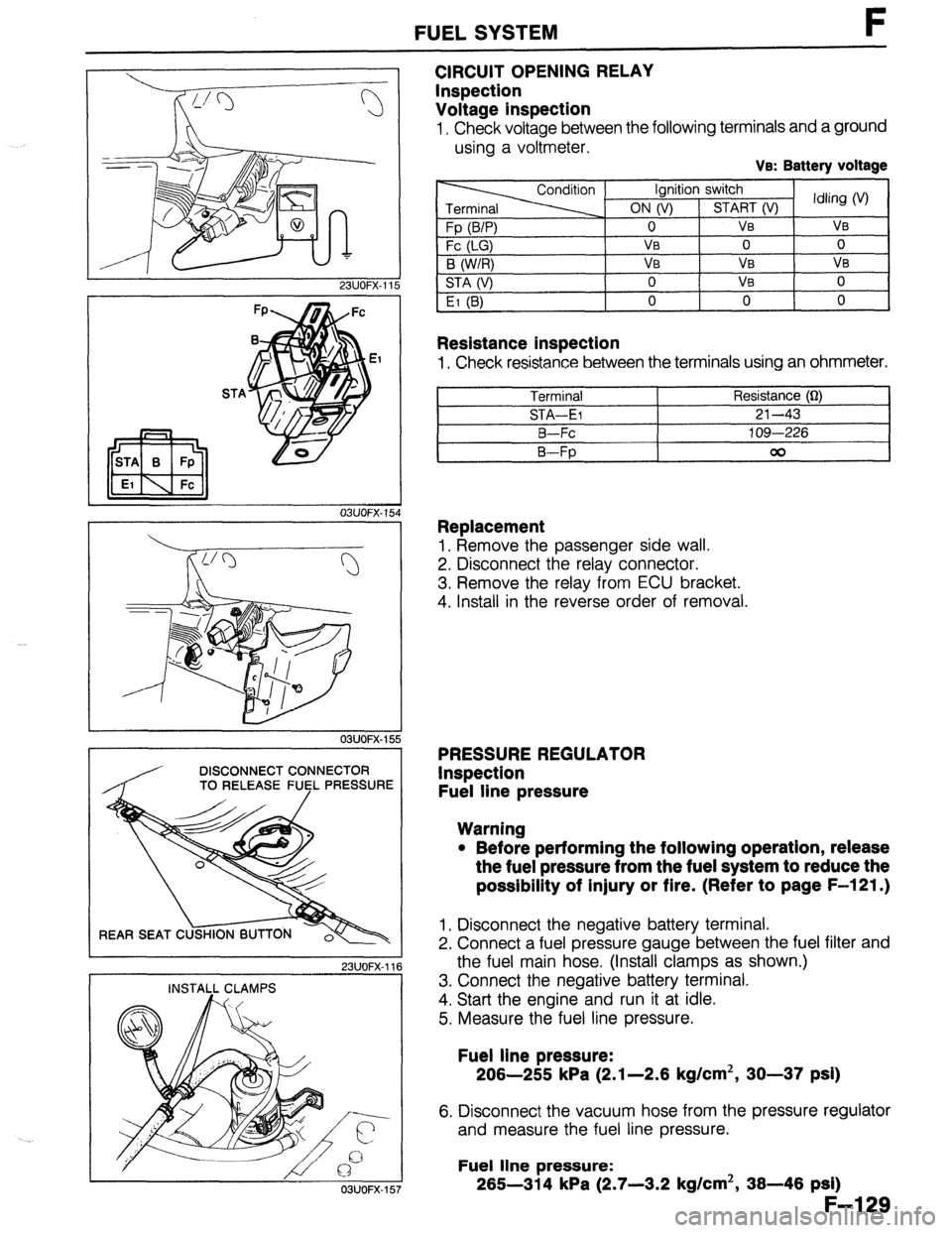 MAZDA 323 1989  Factory Repair Manual FUEL SYSTEM F 
STA 
OBUOFX- 15 
03UOFX-15 
DISCONNECT CONNECTOR 
TO RELEASE FUfL PRESSURE 
REAR SEAT C 
23UOFX-11 
INSTALL CLAMPS 
CIRCUIT OPENING RELAY 
Inspection 
Voltage inspection 
I, Check volta