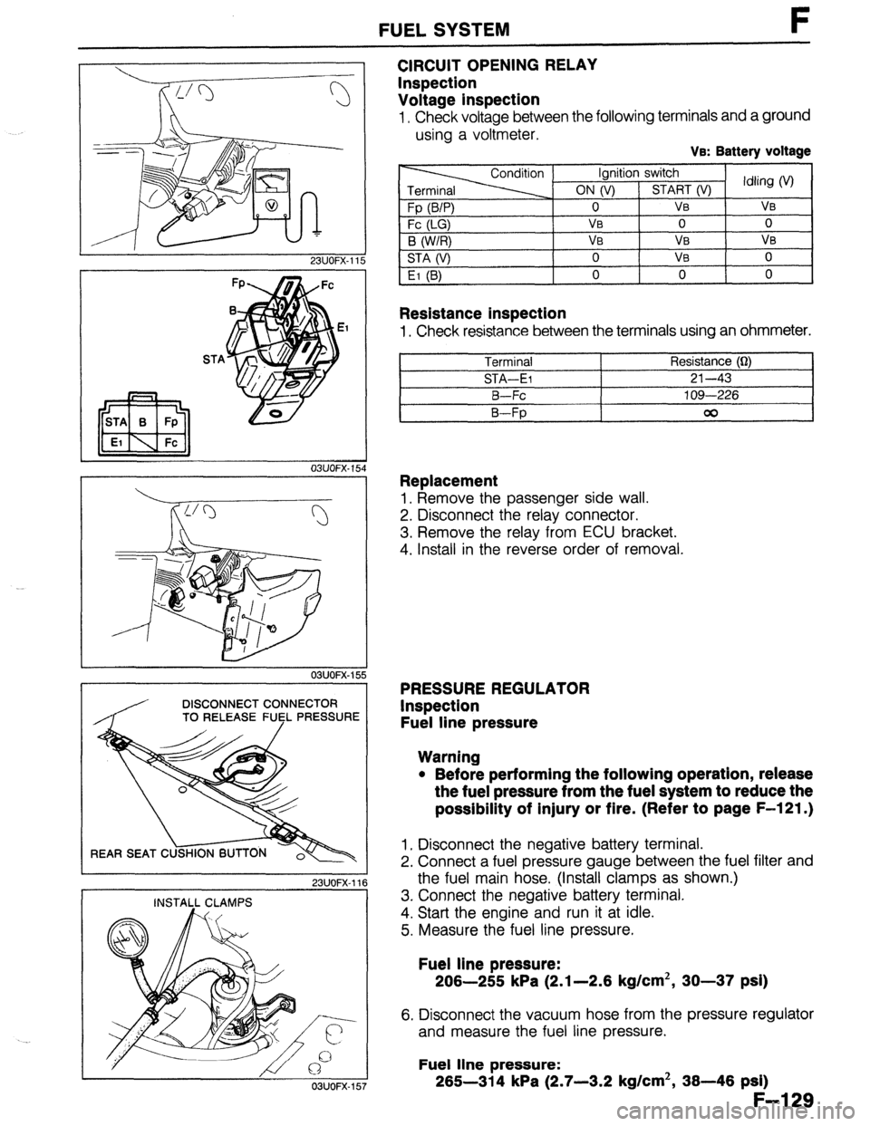MAZDA 323 1989 Factory Repair Manual FUEL SYSTEM F
STA
OBUOFX- 15
03UOFX-15
DISCONNECT CONNECTOR
TO RELEASE FUfL PRESSURE
REAR SEAT C
23UOFX-11
INSTALL CLAMPS
CIRCUIT OPENING RELAY
Inspection
Voltage inspection
I, Check volta MAZDA 323 1989 Factory Repair Manual FUEL SYSTEM F
STA
OBUOFX- 15
03UOFX-15
DISCONNECT CONNECTOR
TO RELEASE FUfL PRESSURE
REAR SEAT C
23UOFX-11
INSTALL CLAMPS
CIRCUIT OPENING RELAY
Inspection
Voltage inspection
I, Check volta
