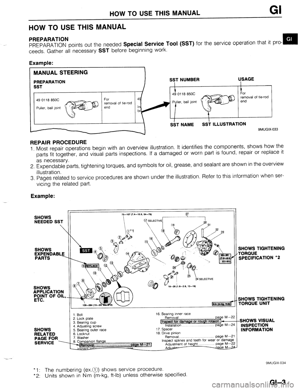 MAZDA 323 1989  Factory Repair Manual HOW TO USE THIS MANUAL GI 
HOW TO USE THIS MANUAL 
PREPARATION 
PREPARATION points out the needed Special Service Tool (SST) for the service operation that it pro- m 
ceeds. Gather all necessary 
SST 