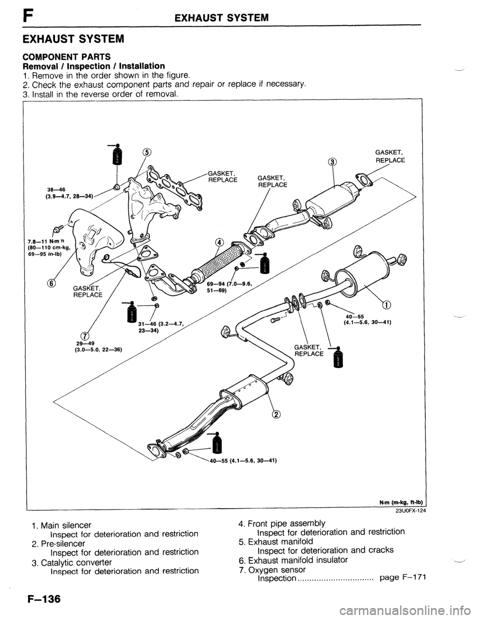 MAZDA 323 1989  Factory Repair Manual F EXHAUST SYSTEM 
EXHAUSTSYSTEM 
COMPONENT PARTS 
Removal / Inspection / Installation 
1. Remove in the order shown in the figure. 
2. Check the exhaust component parts and repair or replace if necess