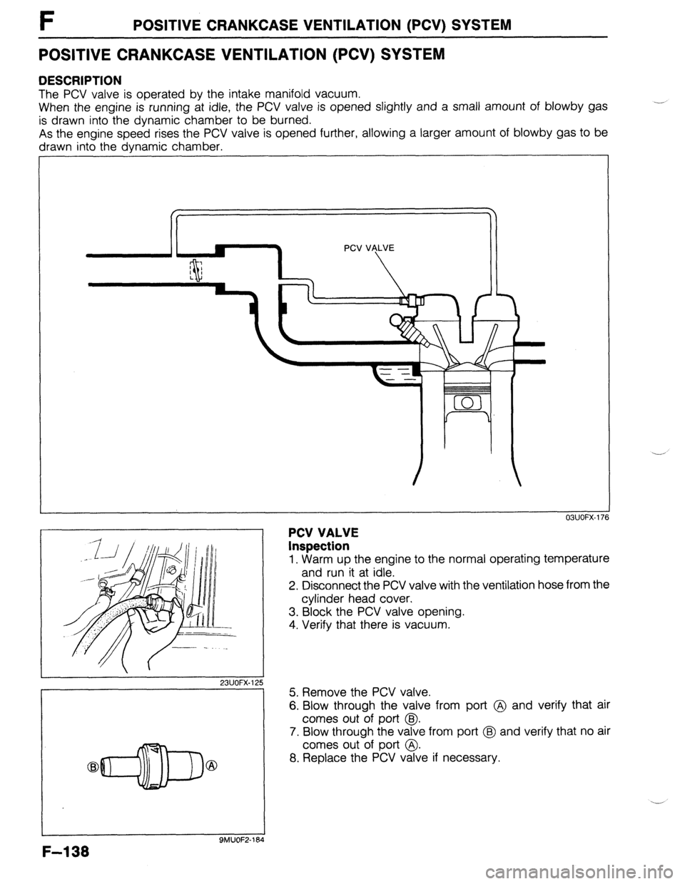 MAZDA 323 1989  Factory Repair Manual F POSITIVE CRANKCASE VENTILATION (PCV) SYSTEM 
POSITIVE CRANKCASE VENTILATION (PCV) SYSTEM 
DESCRIPTION 
The PCV valve is operated by the intake manifold vacuum. 
When the engine is running at idle, t