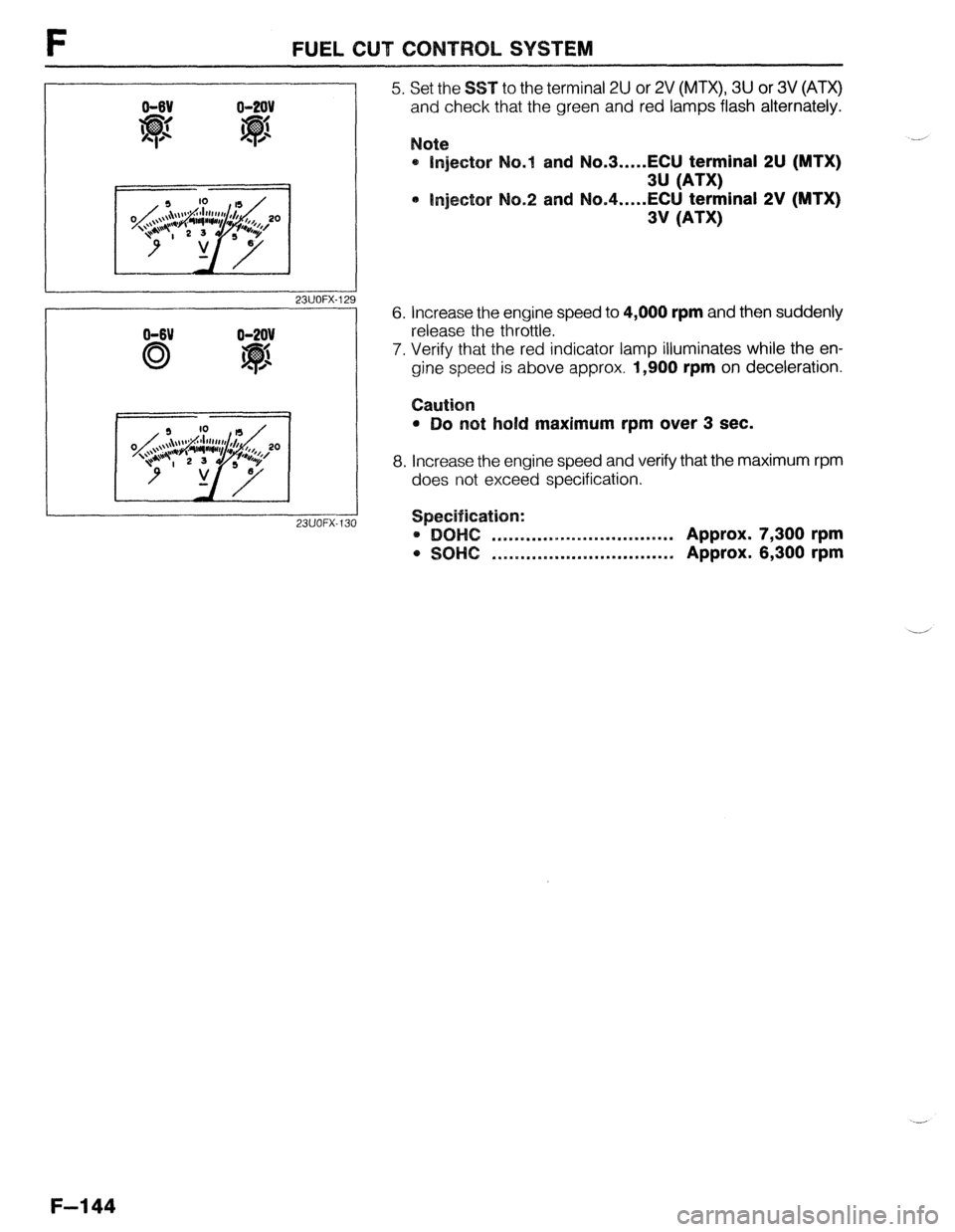 MAZDA 323 1989  Factory Repair Manual F FUEL 
23UOFX-12: 
0-6V 
23UOFX- 131 
to the terminal 2U or 2V (MTX), 3U or 3V (ATX) 
hat the green and red lamps flash alternately. 
nd No,3.....ECU terminal 2U (MTX) 
3U (ATX) 
. . . ..ECU terminal