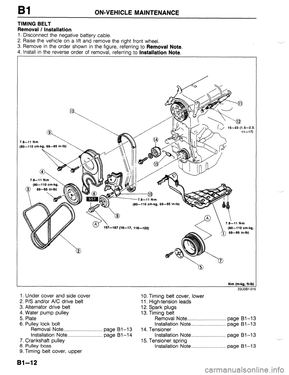 MAZDA 323 1989  Factory Service Manual Bl ON-VEHICLE MAINTENANCE 
TIMING BELT 
Removal / Installation 
1. Disconnect the negative battery cable. 
2. Raise the vehicle on a lift and remove the right front wheel. 
3. Remove in the order show