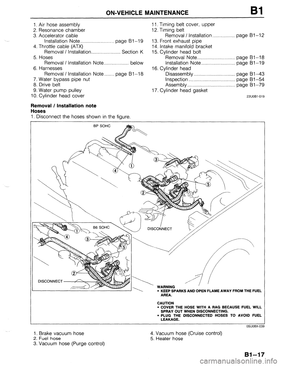 MAZDA 323 1989  Factory Service Manual ON-VEHICLE MAINTENANCE Bl 
I. Air hose assembly 1 I. Timing belt cover, upper 
2. Resonance chamber 12. Timing belt 
3. Accelerator cable Removal / Installation.. . . . . . . . . . . . . . . page Bl-1