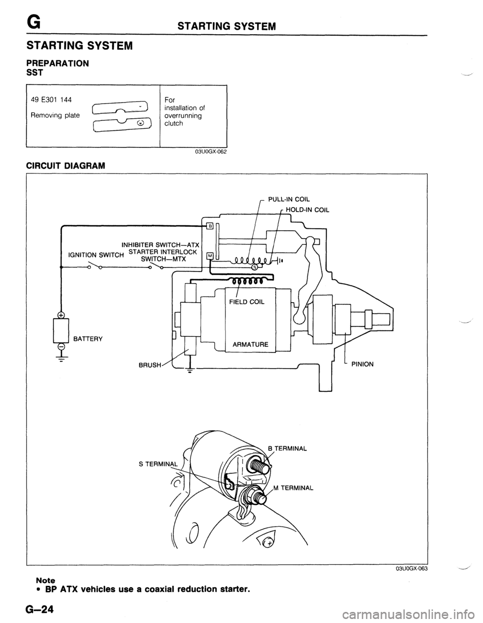 MAZDA 323 1989 Factory Repair Manual G STARTING SYSTEM
STARTING SYSTEM
PREPARATION
SST
49 E301 144
Removing plate
I I 03UOGX-062
CIRCUIT DIAGRAM
I --II /l--f--I1 I It------t--r/
INHIBITER SWITCH-ATX 1 It---f-l/
SWITCH STARTER I MAZDA 323 1989 Factory Repair Manual G STARTING SYSTEM
STARTING SYSTEM
PREPARATION
SST
49 E301 144
Removing plate
I I 03UOGX-062
CIRCUIT DIAGRAM
I --II /l--f--I1 I It------t--r/
INHIBITER SWITCH-ATX 1 It---f-l/
SWITCH STARTER I