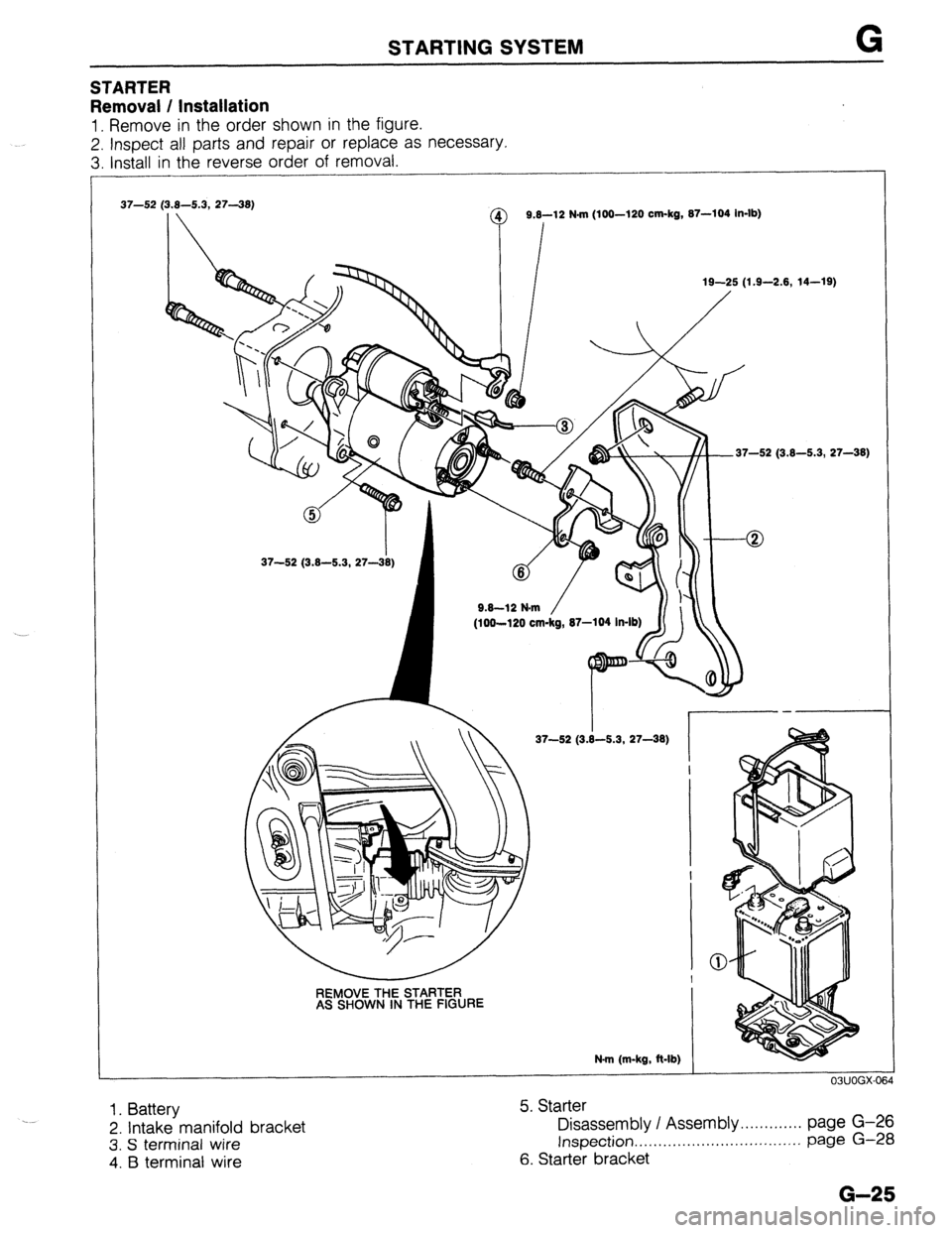 MAZDA 323 1989 Factory Repair Manual STARTING SYSTEM G
STARTER
Removal / Installation
1. Remove in the order shown in the figure.
2. Inspect all parts and repair or replace as necessary.
3. Install in the reverse order of removal.
MAZDA 323 1989 Factory Repair Manual STARTING SYSTEM G
STARTER
Removal / Installation
1. Remove in the order shown in the figure.
2. Inspect all parts and repair or replace as necessary.
3. Install in the reverse order of removal.