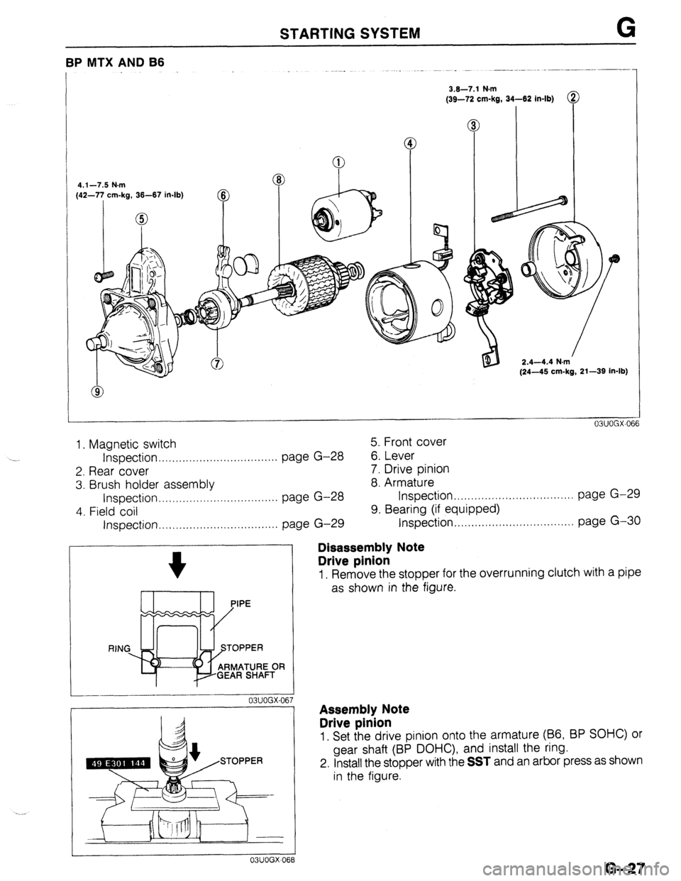 MAZDA 323 1989 Factory Repair Manual STARTING SYSTEM G
BP MTX AND B6
3.6-7.1 N.m
(39-72 cm-kg, 34-62 in-lb)
4.1-7.5 N.m
(42-77 cm-kg, 36-67 in-lb)
@
0
2.4-4.4 N.m
(24-45 cm-kg, 21-39 in-lb)
1. Magnetic switch 5. Front cover
In MAZDA 323 1989 Factory Repair Manual STARTING SYSTEM G
BP MTX AND B6
3.6-7.1 N.m
(39-72 cm-kg, 34-62 in-lb)
4.1-7.5 N.m
(42-77 cm-kg, 36-67 in-lb)
@
0
2.4-4.4 N.m
(24-45 cm-kg, 21-39 in-lb)
1. Magnetic switch 5. Front cover
In