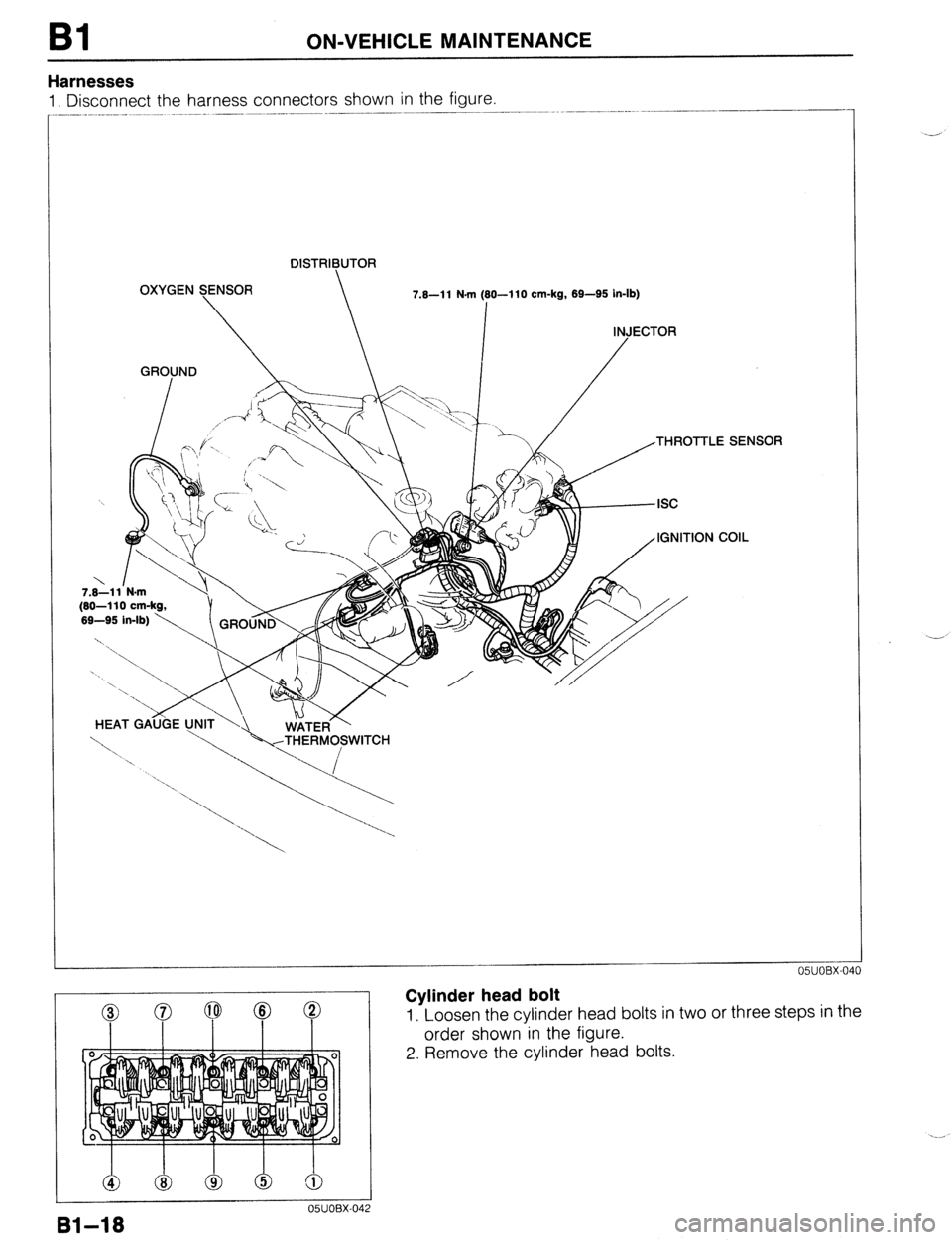 MAZDA 323 1989  Factory Service Manual Bl ON-VEHICLE MAINTENANCE 
Harnesses 
1. Disconnect the harness connectors shown in the figure. 
DISTRIBUTOR 
OXYGEN SENSOR 
  7.8-l 1 N.m (80-I 10 cm-kg, 69-95 in-lb) 
I 
INJECTOR 
GROUND 
  / 
7.8-1