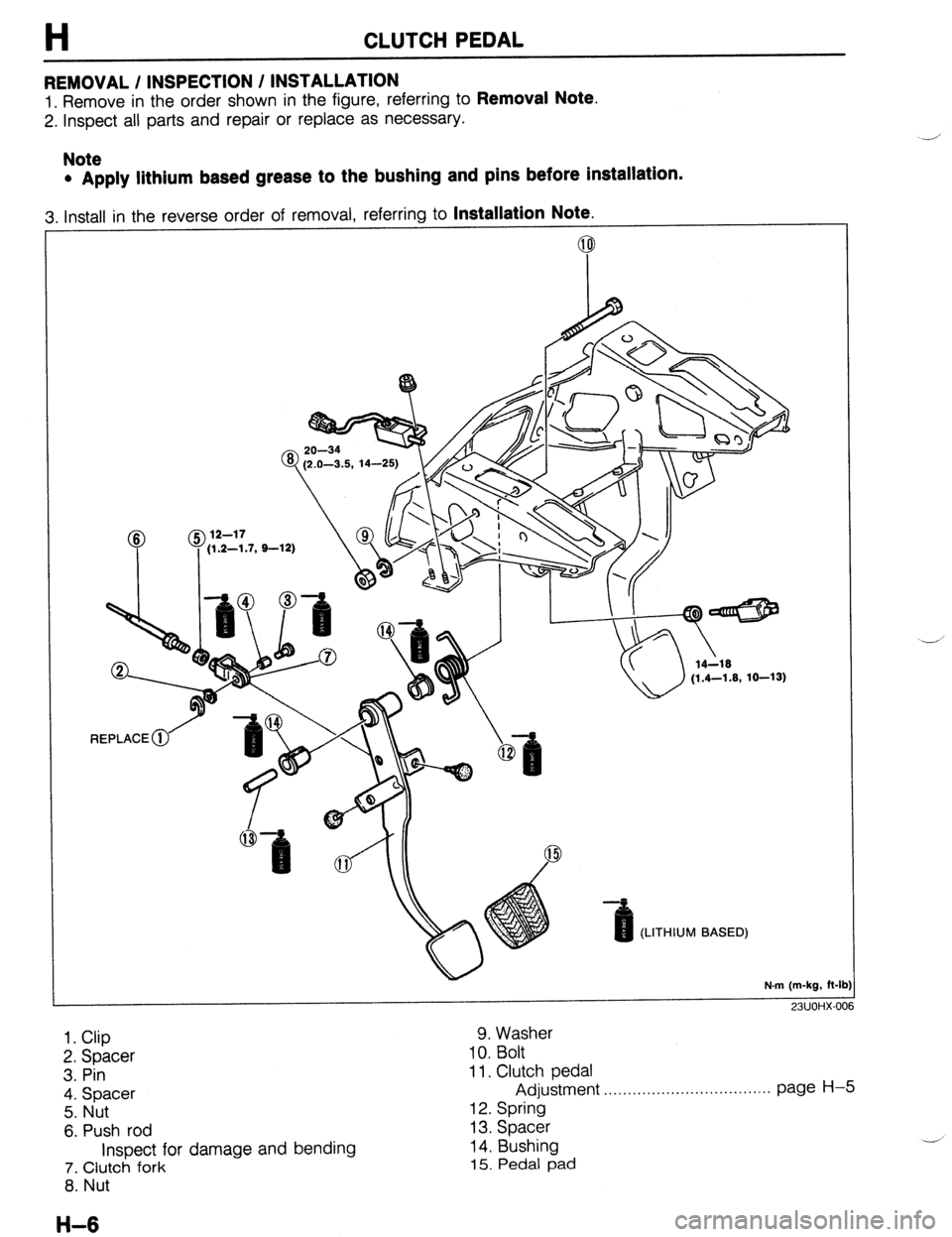 MAZDA 323 1989 Factory Repair Manual H CLUTCH PEDAL
REMOVAL / INSPECTION / INSTALLATION
1. Remove in the order shown in the figure, referring to Removal Note.
2. Inspect all parts and repair or replace as necessary.
Note
l Apply lit MAZDA 323 1989 Factory Repair Manual H CLUTCH PEDAL
REMOVAL / INSPECTION / INSTALLATION
1. Remove in the order shown in the figure, referring to Removal Note.
2. Inspect all parts and repair or replace as necessary.
Note
l Apply lit