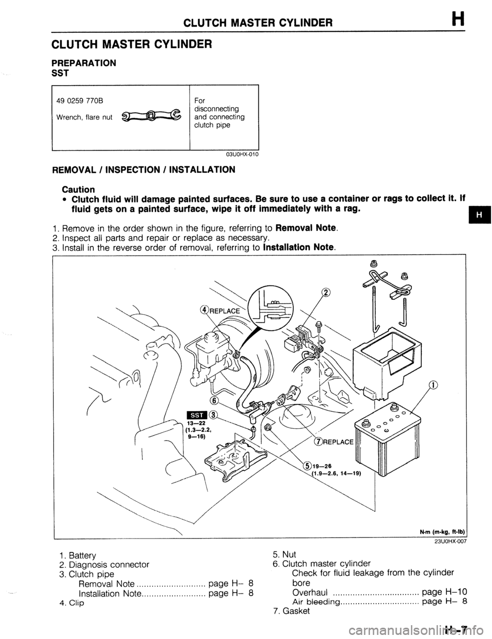 MAZDA 323 1989 Factory Repair Manual CLUTCH MASTER CYLINDER H
CLUTCH MASTER CYLINDER
PREPARATION
SST
49 0259 770B
Wrench, flare nut For
disconnecting
and connecting
clutch pipe
I I 03UOHX-01
REMOVAL / INSPECTION / INSTALLATION MAZDA 323 1989 Factory Repair Manual CLUTCH MASTER CYLINDER H
CLUTCH MASTER CYLINDER
PREPARATION
SST
49 0259 770B
Wrench, flare nut For
disconnecting
and connecting
clutch pipe
I I 03UOHX-01
REMOVAL / INSPECTION / INSTALLATION