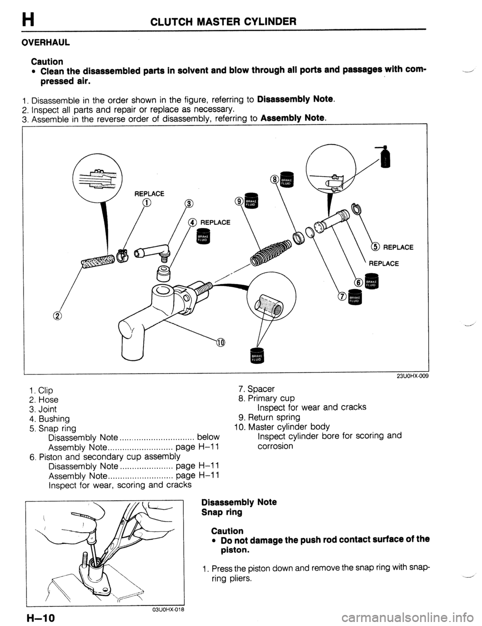 MAZDA 323 1989  Factory Repair Manual H CLUTCH MASTER CYLINDER 
OVERHAUL 
Caution 
l Clean the disassembled parts in solvent and blow through all ports and passages wlth com- 
pressed air. .-J 
1. Disassemble in the order shown in the fig