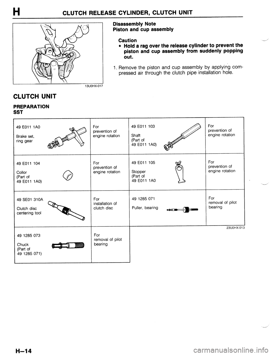 MAZDA 323 1989  Factory Repair Manual H CLUTCH RELEASE CYLINDER, CLUTCH UNIT 
Disassembly Note 
Piston and cup assembly 
Caution 
l Hold a rag over the release cylinder to prevent the 
piston and cup assembly from suddenly popping 
out. 
