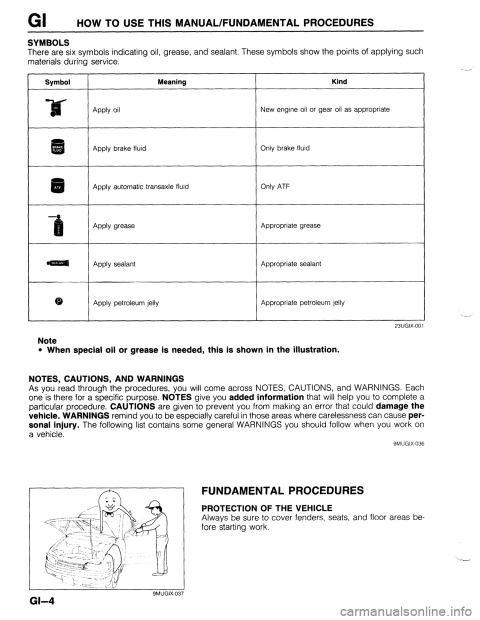 MAZDA 323 1989  Factory Repair Manual HOW TO USE THIS MANUAL/FUNDAMENTAL PROCEDURES 
SYMBOLS 
There are six symbols indicating oil, grease, and sealant. These symbols show the points of applying such 
materials during service. 
Symbol Mea