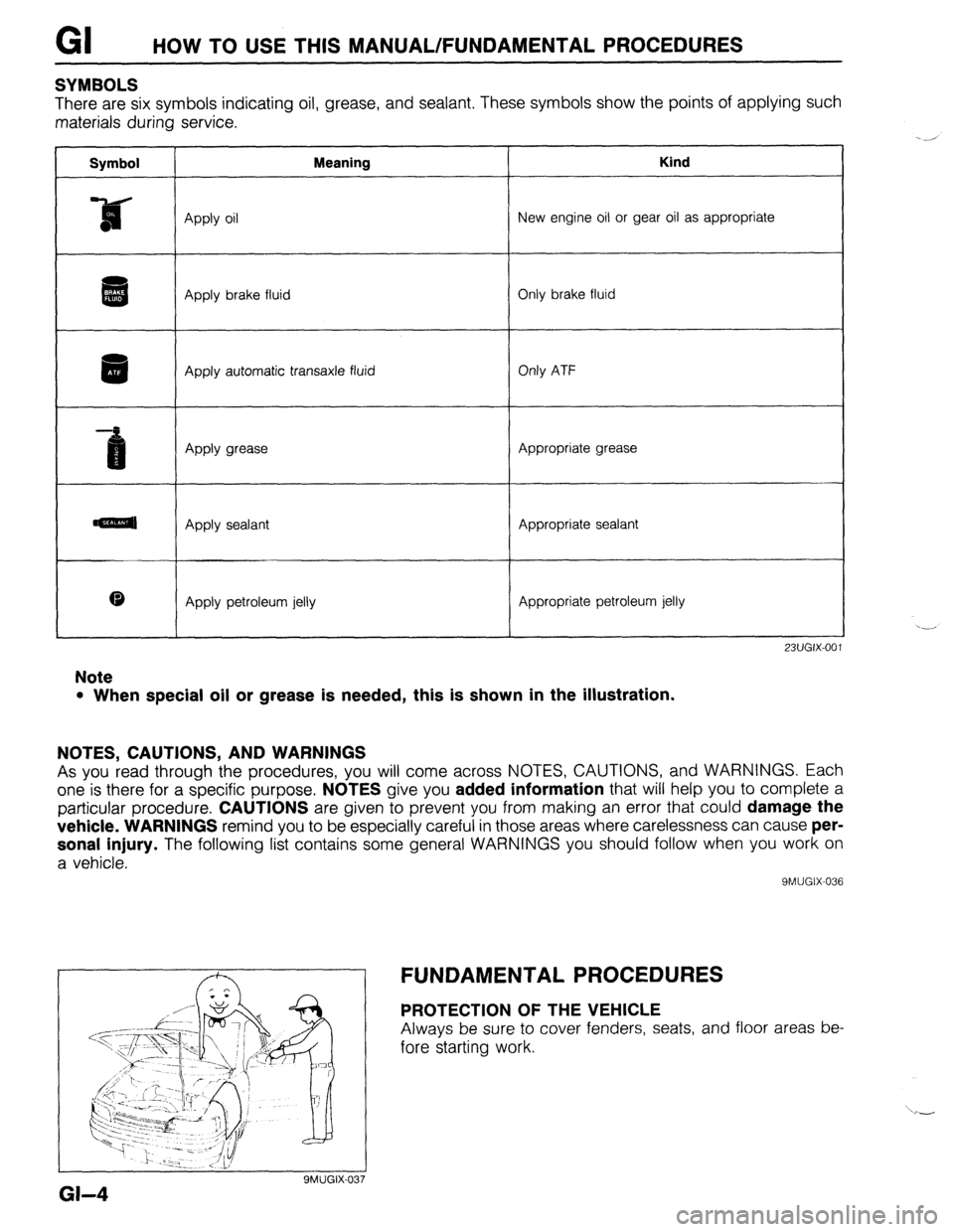 MAZDA 323 1989 Factory Repair Manual HOW TO USE THIS MANUAL/FUNDAMENTAL PROCEDURES
SYMBOLS
There are six symbols indicating oil, grease, and sealant. These symbols show the points of applying such
materials during service.
Symbol Mea MAZDA 323 1989 Factory Repair Manual HOW TO USE THIS MANUAL/FUNDAMENTAL PROCEDURES
SYMBOLS
There are six symbols indicating oil, grease, and sealant. These symbols show the points of applying such
materials during service.
Symbol Mea