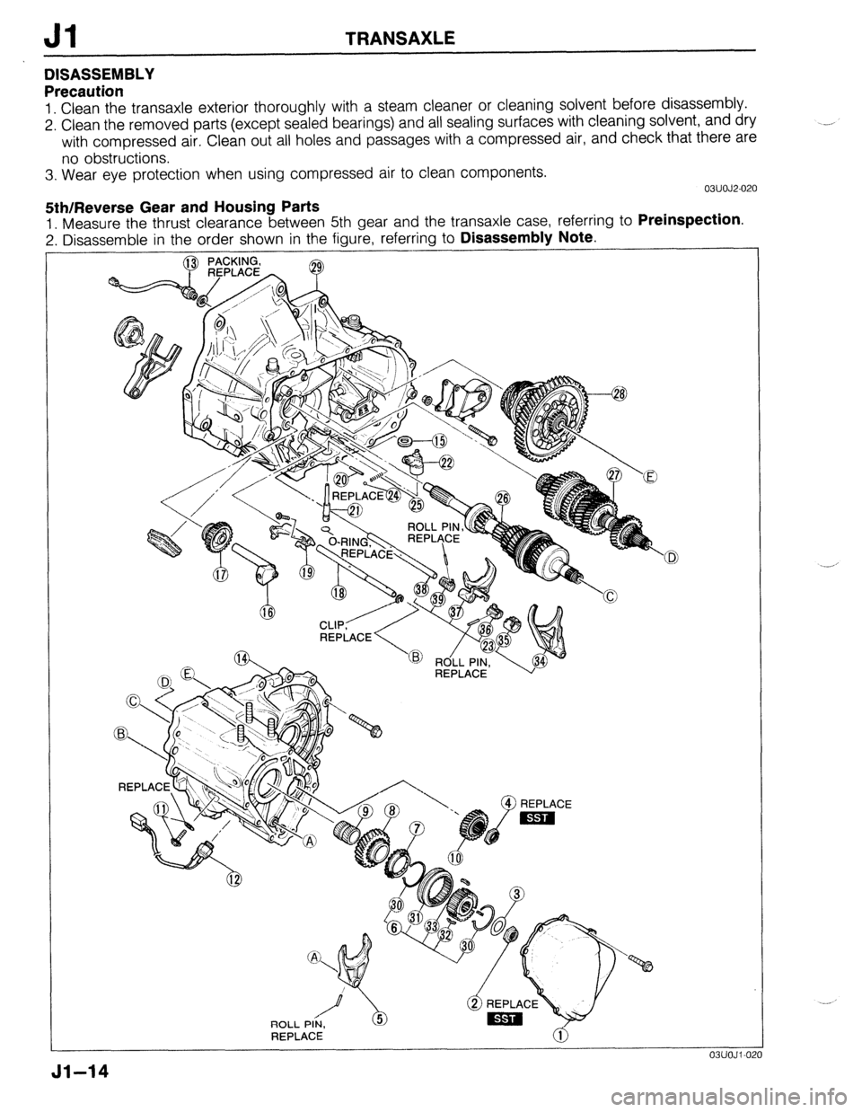 MAZDA 323 1989 Factory Repair Manual Jl TRANSAXLE
DISASSEMBLY
Precaution
1. Clean the transaxle exterior thoroughly with a steam cleaner or cleaning solvent before disassembly.
2. Clean the removed parts (except sealed bearings) and MAZDA 323 1989 Factory Repair Manual Jl TRANSAXLE
DISASSEMBLY
Precaution
1. Clean the transaxle exterior thoroughly with a steam cleaner or cleaning solvent before disassembly.
2. Clean the removed parts (except sealed bearings) and