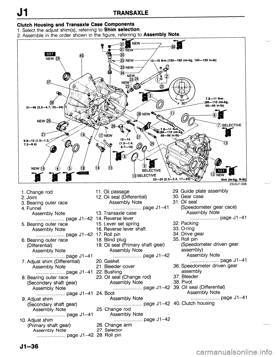 MAZDA 323 1989 Factory Repair Manual TRANSAXLE
I
\m/ 7.8-11 N-m
1. Change
rod
2. Joint
3. Bearing outer race
4. Funnel
Assembly Note 11. Oil passage
29. Guide plate assembly
12. Oil
seal (Differential) 30.
Gear case
Assemb MAZDA 323 1989 Factory Repair Manual TRANSAXLE
I
\m/ 7.8-11 N-m
1. Change
rod
2. Joint
3. Bearing outer race
4. Funnel
Assembly Note 11. Oil passage
29. Guide plate assembly
12. Oil
seal (Differential) 30.
Gear case
Assemb