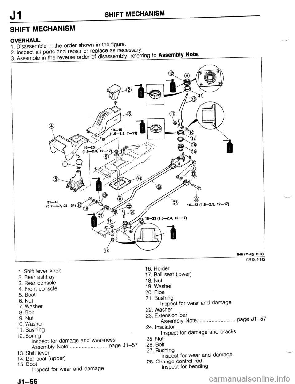 MAZDA 323 1989 Factory Repair Manual Jl SHIFT MECHANISM
SHIFT MECHANISM
OVERHAUL
1. Disassemble in the order shown in the figure.
2. Inspect all parts and repair or replace as necessary.
3. Assemble in the reverse order of disassemb MAZDA 323 1989 Factory Repair Manual Jl SHIFT MECHANISM
SHIFT MECHANISM
OVERHAUL
1. Disassemble in the order shown in the figure.
2. Inspect all parts and repair or replace as necessary.
3. Assemble in the reverse order of disassemb