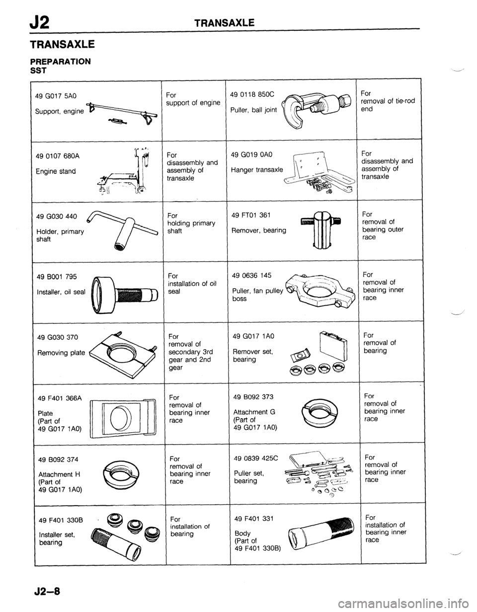 MAZDA 323 1989 Factory Repair Manual J2 TRANSAXLE
TRANSAXLE
PREPARATION
SST
19 GO17 5A0
removal of tie-rod
disassembly and
49 GO30 440
Holder, primary
shaft Remover, bearing
49 8001 795
‘nstaller, oil seal installation of oi MAZDA 323 1989 Factory Repair Manual J2 TRANSAXLE
TRANSAXLE
PREPARATION
SST
19 GO17 5A0
removal of tie-rod
disassembly and
49 GO30 440
Holder, primary
shaft Remover, bearing
49 8001 795
‘nstaller, oil seal installation of oi