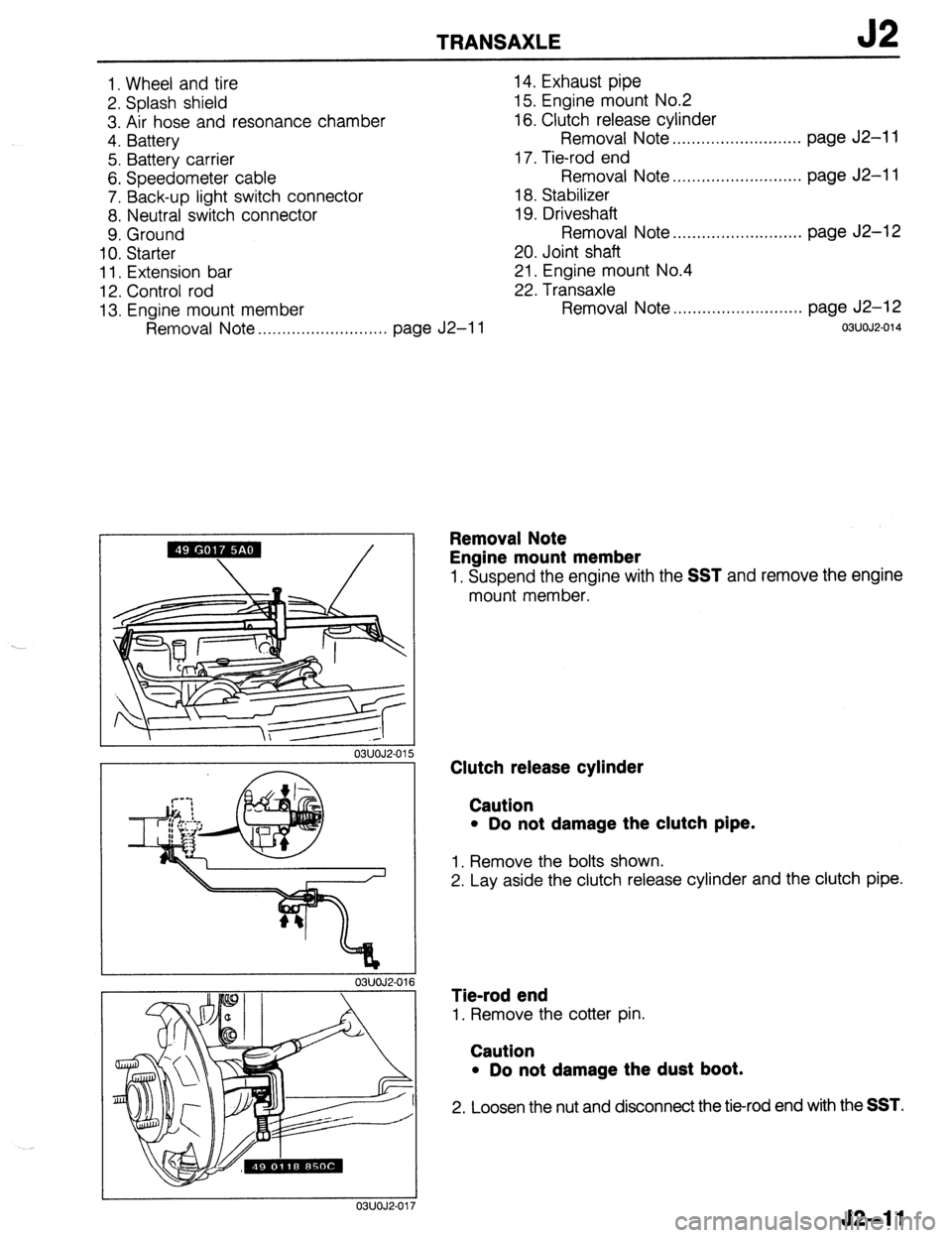 MAZDA 323 1989 Factory Repair Manual TRANSAXLE J2
1. Wheel and tire 14. Exhaust pipe
2. Splash shield 15. Engine mount No.2
3. Air hose and resonance chamber 16. Clutch release cylinder
4. Battery Removal Note .,...........,....,.,.. MAZDA 323 1989 Factory Repair Manual TRANSAXLE J2
1. Wheel and tire 14. Exhaust pipe
2. Splash shield 15. Engine mount No.2
3. Air hose and resonance chamber 16. Clutch release cylinder
4. Battery Removal Note .,...........,....,.,..