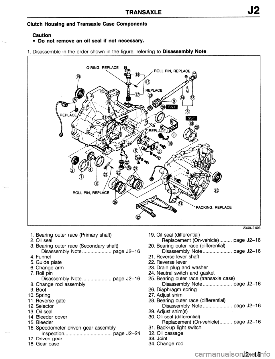 MAZDA 323 1989 Factory Repair Manual TRANSAXLE J2
Clutch Housing and Transaxle Case Components
Caution
l Do not remove an oil seal if not necessary.
1. Disassemble in the order shown in the figure, referring to Disassembly Note.
ACE MAZDA 323 1989 Factory Repair Manual TRANSAXLE J2
Clutch Housing and Transaxle Case Components
Caution
l Do not remove an oil seal if not necessary.
1. Disassemble in the order shown in the figure, referring to Disassembly Note.
ACE