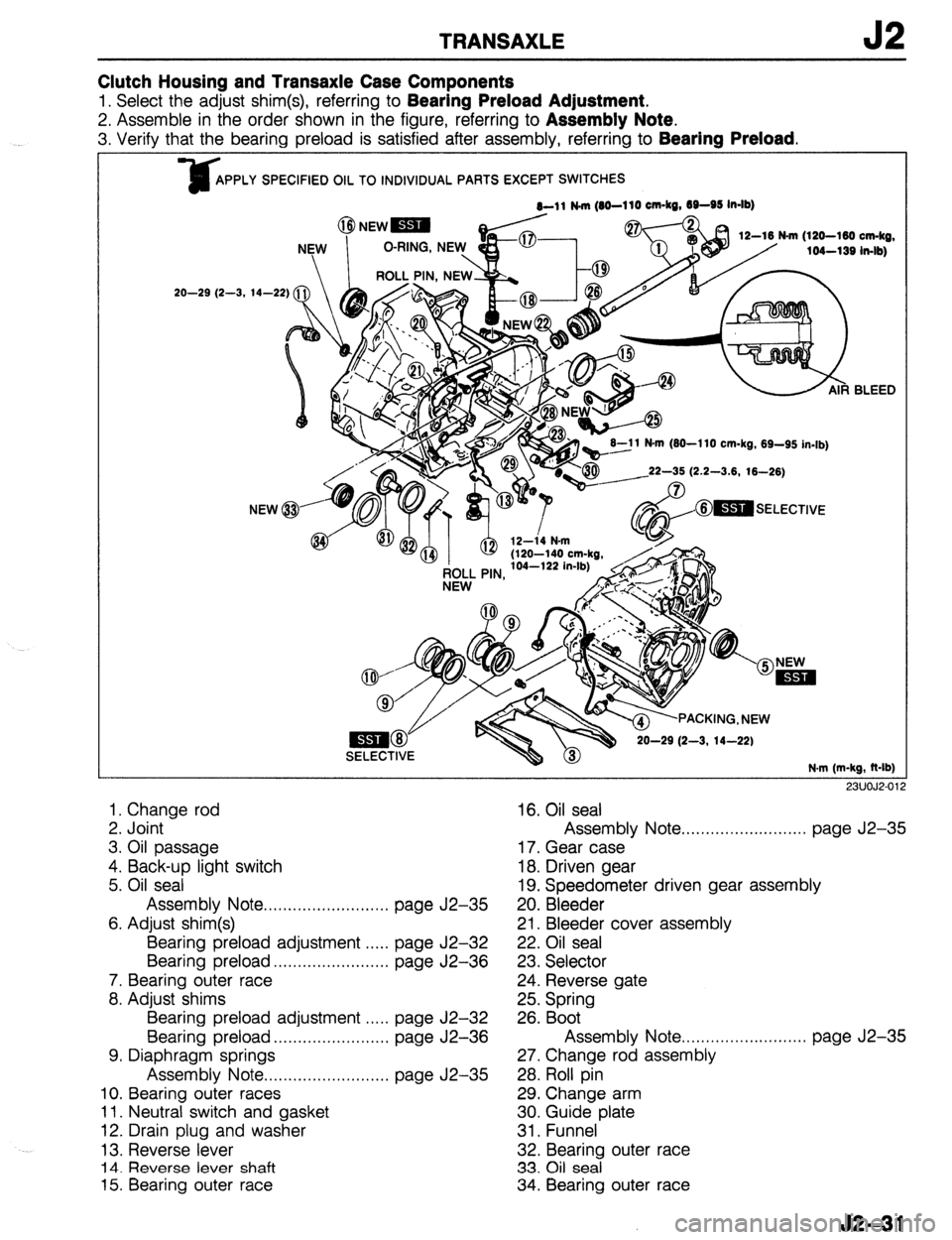 MAZDA 323 1989 Factory Repair Manual TRANSAXLE J2
Clutch Housing and Transaxle Case Components
1. Select the adjust shim(s), referring to Bearing Preload Adjustment.
2. Assemble in the order shown in the figure, referring to Assembly MAZDA 323 1989 Factory Repair Manual TRANSAXLE J2
Clutch Housing and Transaxle Case Components
1. Select the adjust shim(s), referring to Bearing Preload Adjustment.
2. Assemble in the order shown in the figure, referring to Assembly