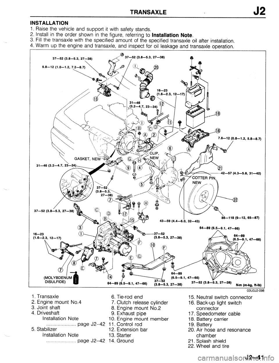 MAZDA 323 1989 Factory Repair Manual TRANSAXLE J2
INSTALLATION
1. Raise the vehicle and support it with safety stands.
2. Install in the order shown in the figure, referring to
Installation Note,
3. Fill the transaxle with the speci MAZDA 323 1989 Factory Repair Manual TRANSAXLE J2
INSTALLATION
1. Raise the vehicle and support it with safety stands.
2. Install in the order shown in the figure, referring to
Installation Note,
3. Fill the transaxle with the speci