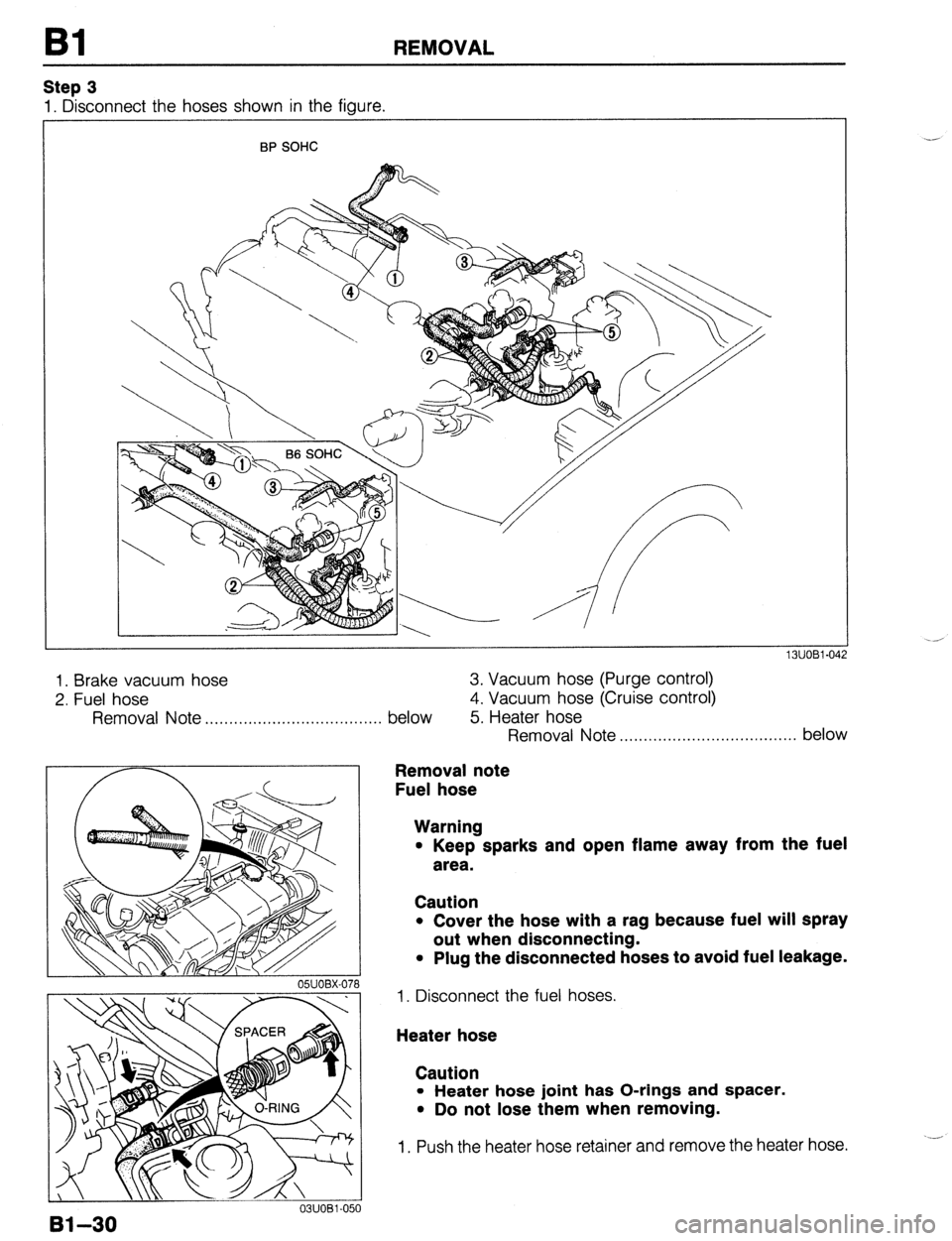 MAZDA 323 1989  Factory Workshop Manual Bl REMOVAL 
Step 3 
1. Disconnect the hoses shown in the figure. 
BP SOHC 
1. Brake vacuum hose 
2. Fuel hose 
Removal 
Note . . . . . . . . . . . . . . . . . . . . . . . . . . . . . . . . . . . 
Bl-3