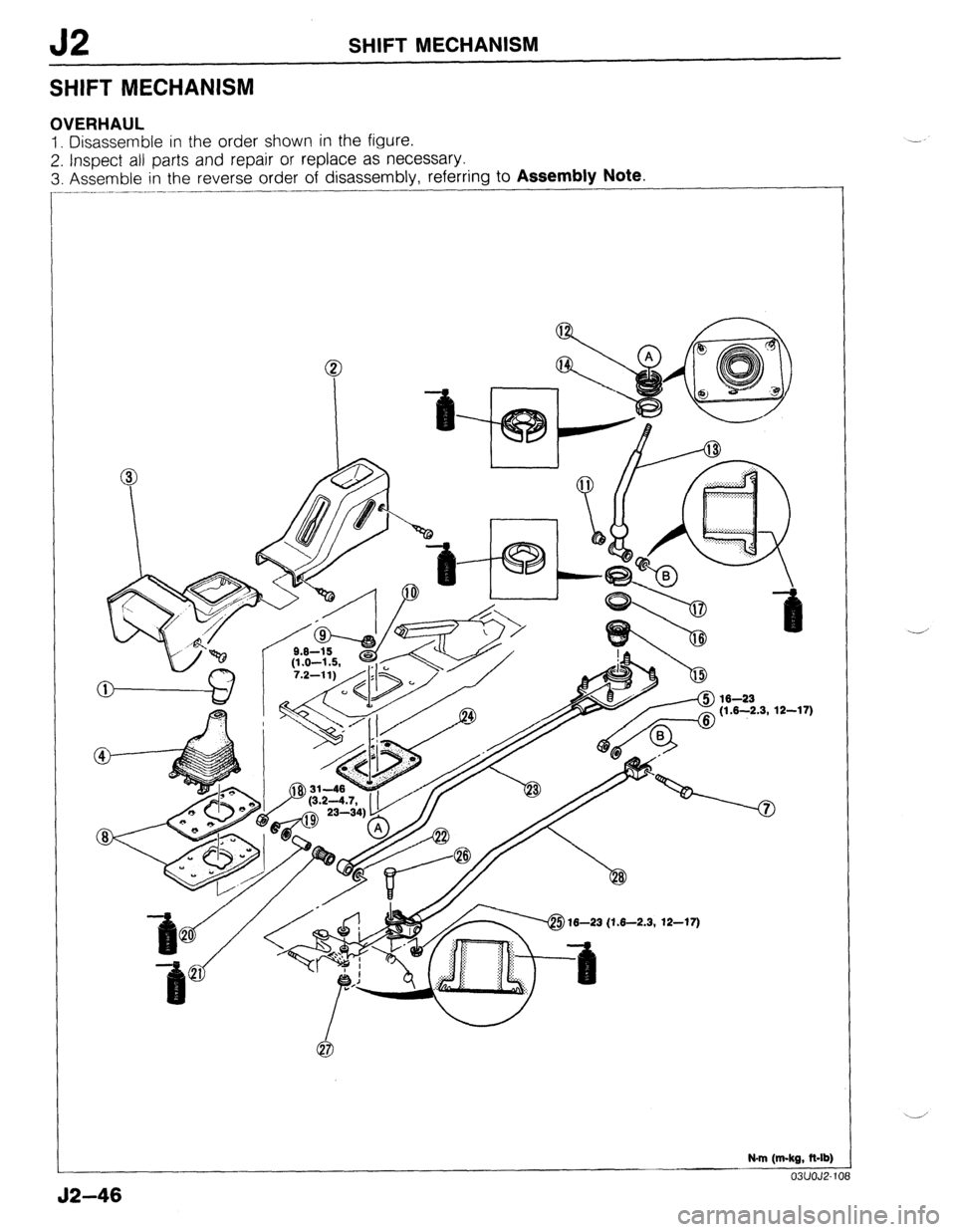 MAZDA 323 1989 Factory Repair Manual J2 SHIFT MECHANISM
SHIFT MECHANISM
OVERHAUL
1. Disassemble in the order shown in the figure.
2. Inspect all parts and repair or replace as necessary.
3. Assemble in the reverse order of disassemb MAZDA 323 1989 Factory Repair Manual J2 SHIFT MECHANISM
SHIFT MECHANISM
OVERHAUL
1. Disassemble in the order shown in the figure.
2. Inspect all parts and repair or replace as necessary.
3. Assemble in the reverse order of disassemb