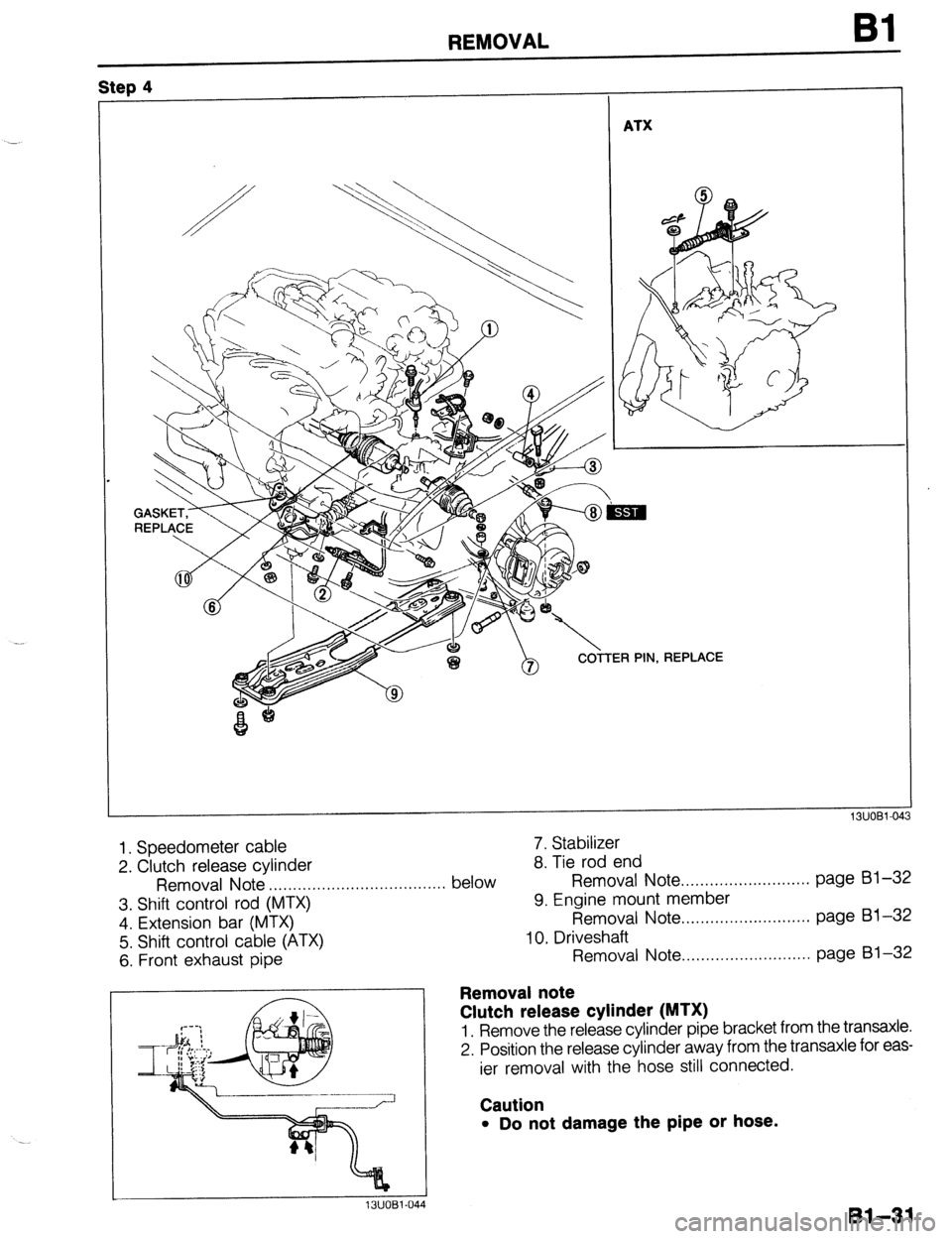 MAZDA 323 1989  Factory Manual PDF REMOVAL Bl 
Step 4 - 
ATX 
REPLACE 
13UOBl-043 
1. Speedometer cable 7. Stabilizer 
2. Clutch release cylinder 
8. Tie rod end 
Removal Note below Removal Note . . . . . . . . . . . . . . . . . . . . 