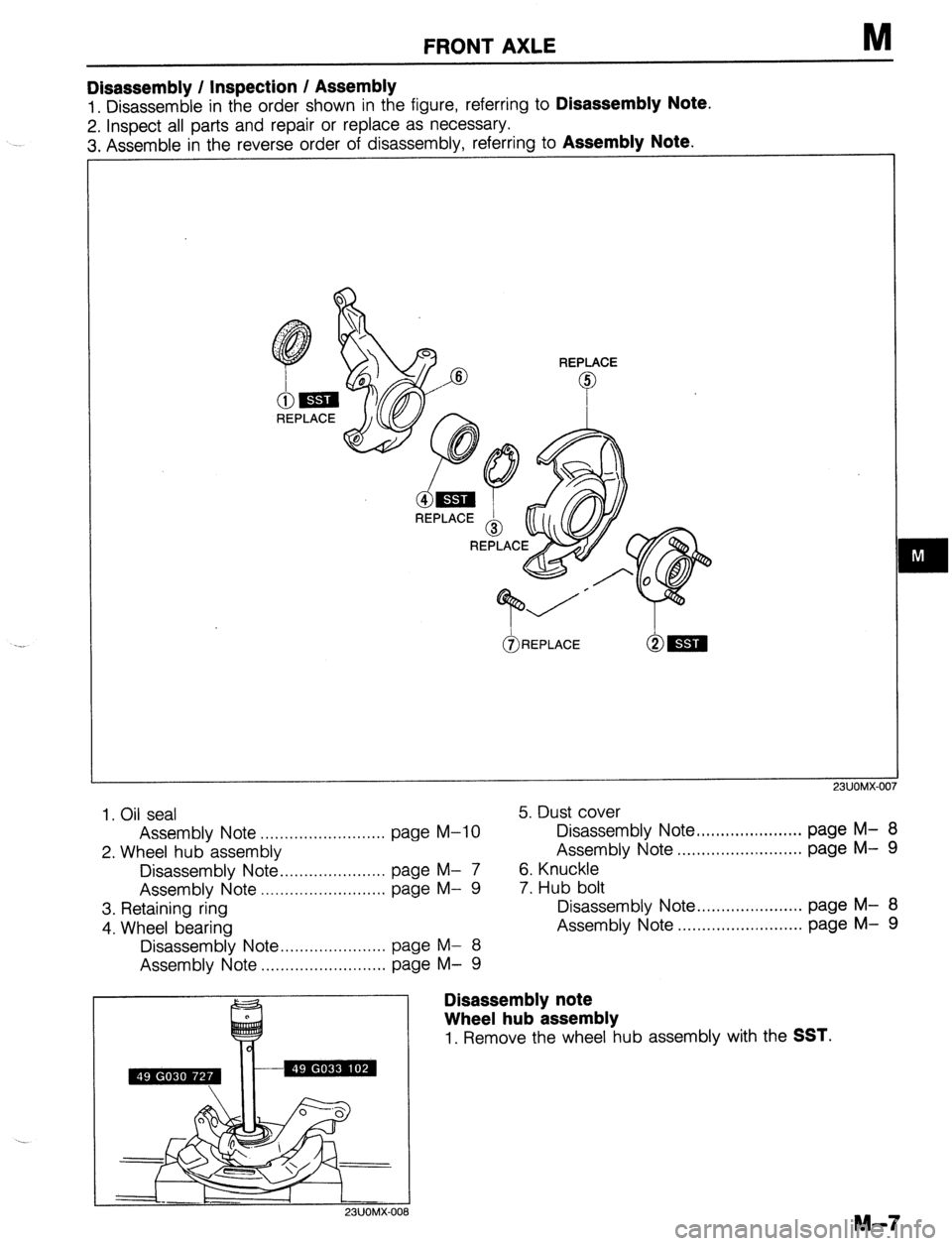 MAZDA 323 1989 Factory Repair Manual FRONT AXLE M
Disassembly / Inspection / Assembly
1. Disassemble in the order shown in the figure, referring to Disassembly Note.
2. Inspect all parts and repair or replace as necessary.
3. Assembl MAZDA 323 1989 Factory Repair Manual FRONT AXLE M
Disassembly / Inspection / Assembly
1. Disassemble in the order shown in the figure, referring to Disassembly Note.
2. Inspect all parts and repair or replace as necessary.
3. Assembl