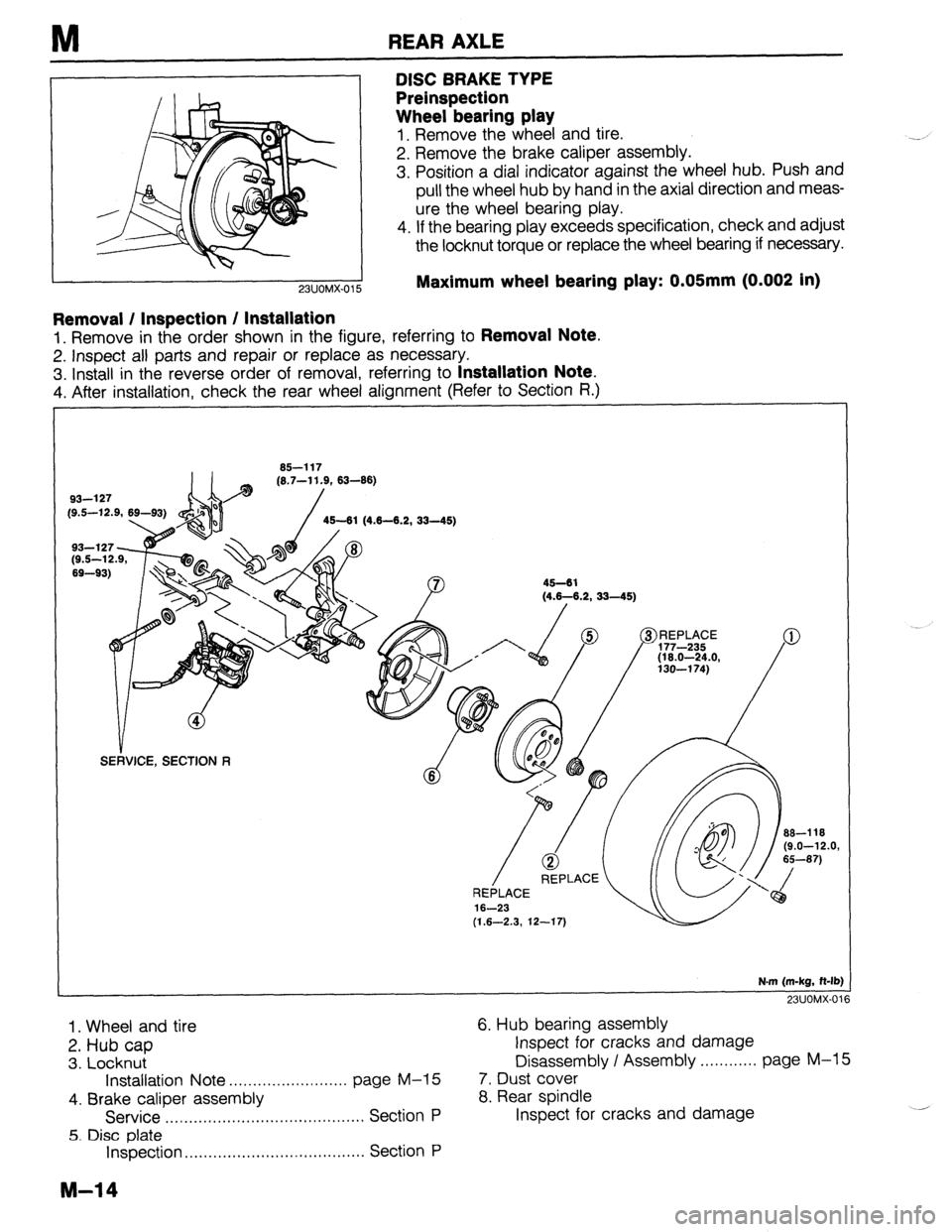 MAZDA 323 1989  Factory Repair Manual M REAR AXLE 
DISC BRAKE TYPE 
Preinspection 
Wheel bearing play 
1. Remove the wheel and tire. 
2. Remove the brake caliper assembly. 
3. Position a dial indicator against the wheel hub. Push and 
pul