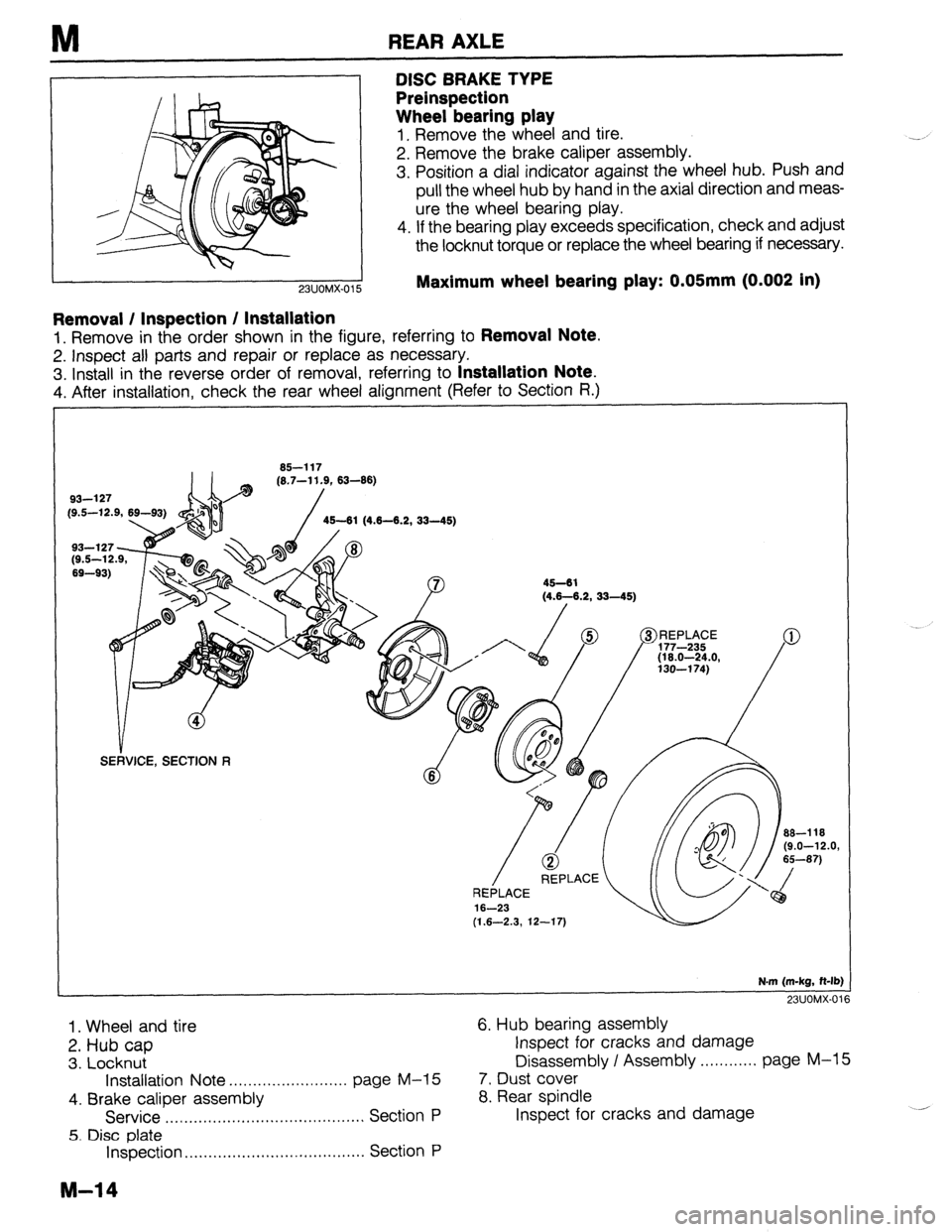 MAZDA 323 1989 Factory Repair Manual M REAR AXLE
DISC BRAKE TYPE
Preinspection
Wheel bearing play
1. Remove the wheel and tire.
2. Remove the brake caliper assembly.
3. Position a dial indicator against the wheel hub. Push and
pul MAZDA 323 1989 Factory Repair Manual M REAR AXLE
DISC BRAKE TYPE
Preinspection
Wheel bearing play
1. Remove the wheel and tire.
2. Remove the brake caliper assembly.
3. Position a dial indicator against the wheel hub. Push and
pul