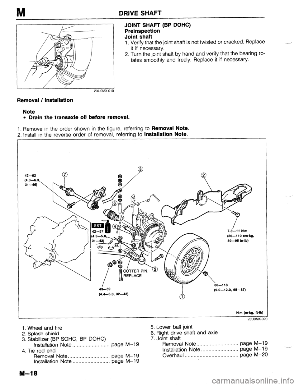 MAZDA 323 1989 Factory Repair Manual DRIVE SHAFT
JOINT SHAFT (BP DOHC)
Preinspection
Joint shaft
1. Verify that the joint shaft is not twisted or cracked. Replace
it if necessary.
2. Turn the joint shaft by hand and verify that the MAZDA 323 1989 Factory Repair Manual DRIVE SHAFT
JOINT SHAFT (BP DOHC)
Preinspection
Joint shaft
1. Verify that the joint shaft is not twisted or cracked. Replace
it if necessary.
2. Turn the joint shaft by hand and verify that the