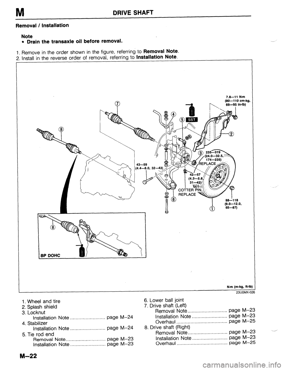 MAZDA 323 1989 Factory Repair Manual M
Removal / Installation
DRIVE SHAFT
Note
l Drain the transaxle oil before removal.
1. Remove in the order shown in the figure, referring to Removal Note.
2. Install in the reverse order of remo MAZDA 323 1989 Factory Repair Manual M
Removal / Installation
DRIVE SHAFT
Note
l Drain the transaxle oil before removal.
1. Remove in the order shown in the figure, referring to Removal Note.
2. Install in the reverse order of remo