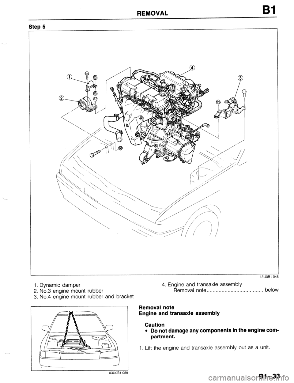 MAZDA 323 1989  Factory Manual PDF REMOVAL Bl 
1 Step 5 
I 
1. Dynamic damper 
2. No.3 engine mount rubber 
3. No.4 engine mount rubber and bracket 4. Engine and transaxle assembly 
Removal note . . . . . . . . . . . . . . . . . . . . 