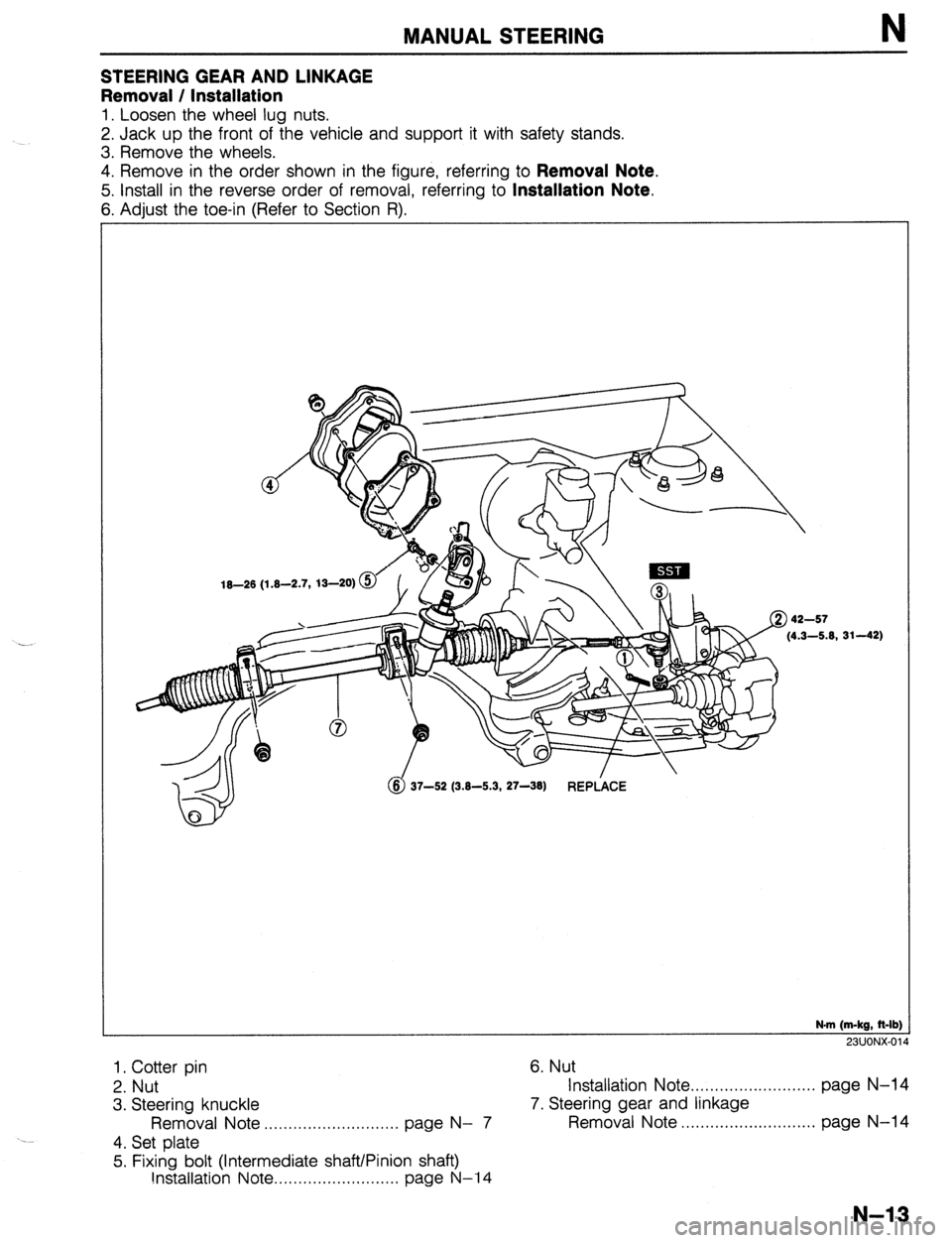 MAZDA 323 1989 Factory Repair Manual MANUAL STEERING N
STEERING GEAR AND LINKAGE
Removal / Installation
1. Loosen the wheel lug nuts.
2. Jack up the front of the vehicle and support it with safety stands.
3. Remove the wheels.
4. R MAZDA 323 1989 Factory Repair Manual MANUAL STEERING N
STEERING GEAR AND LINKAGE
Removal / Installation
1. Loosen the wheel lug nuts.
2. Jack up the front of the vehicle and support it with safety stands.
3. Remove the wheels.
4. R